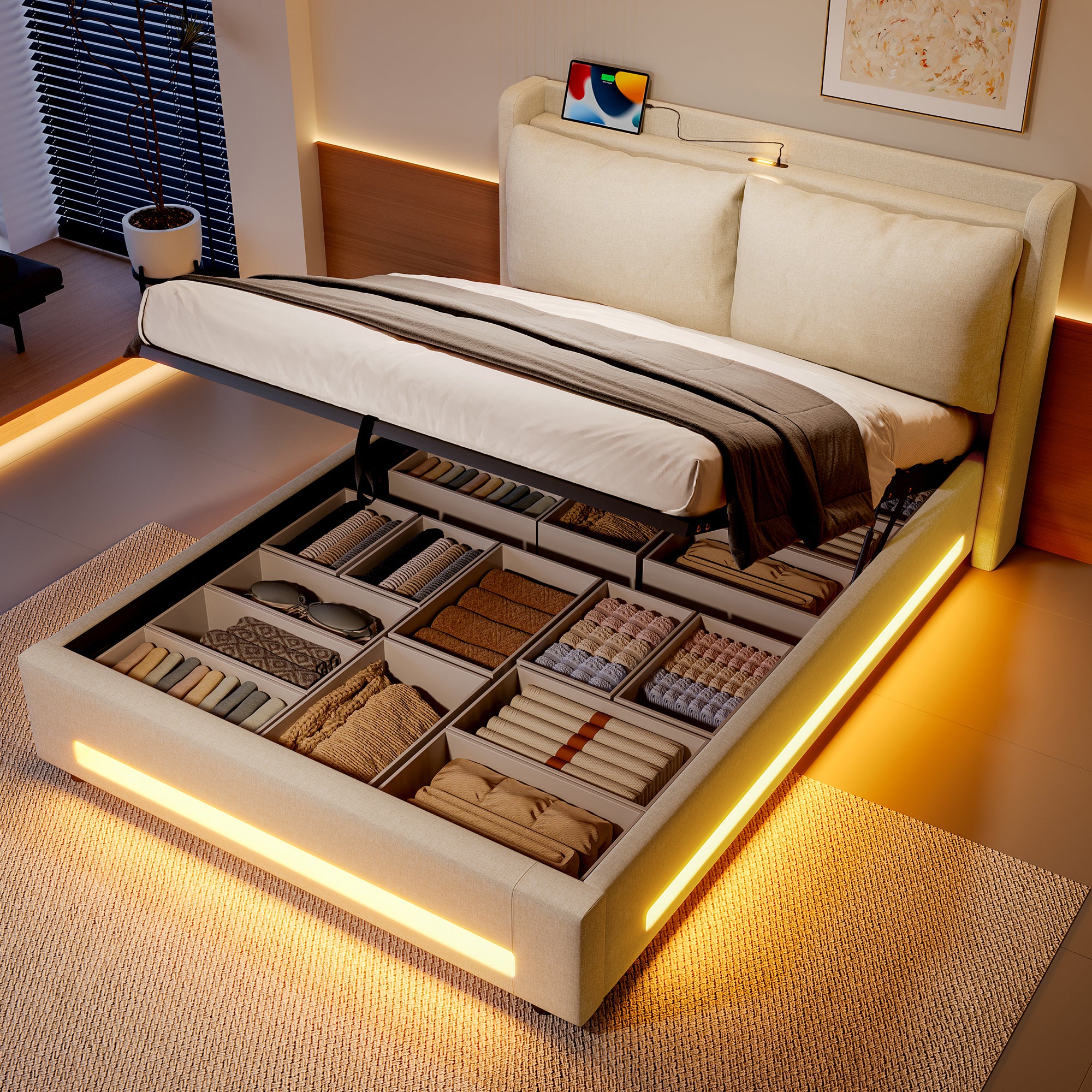 Modern Upholstered Bed with Storage, LED Light, USB-C Ports - 140x200cm