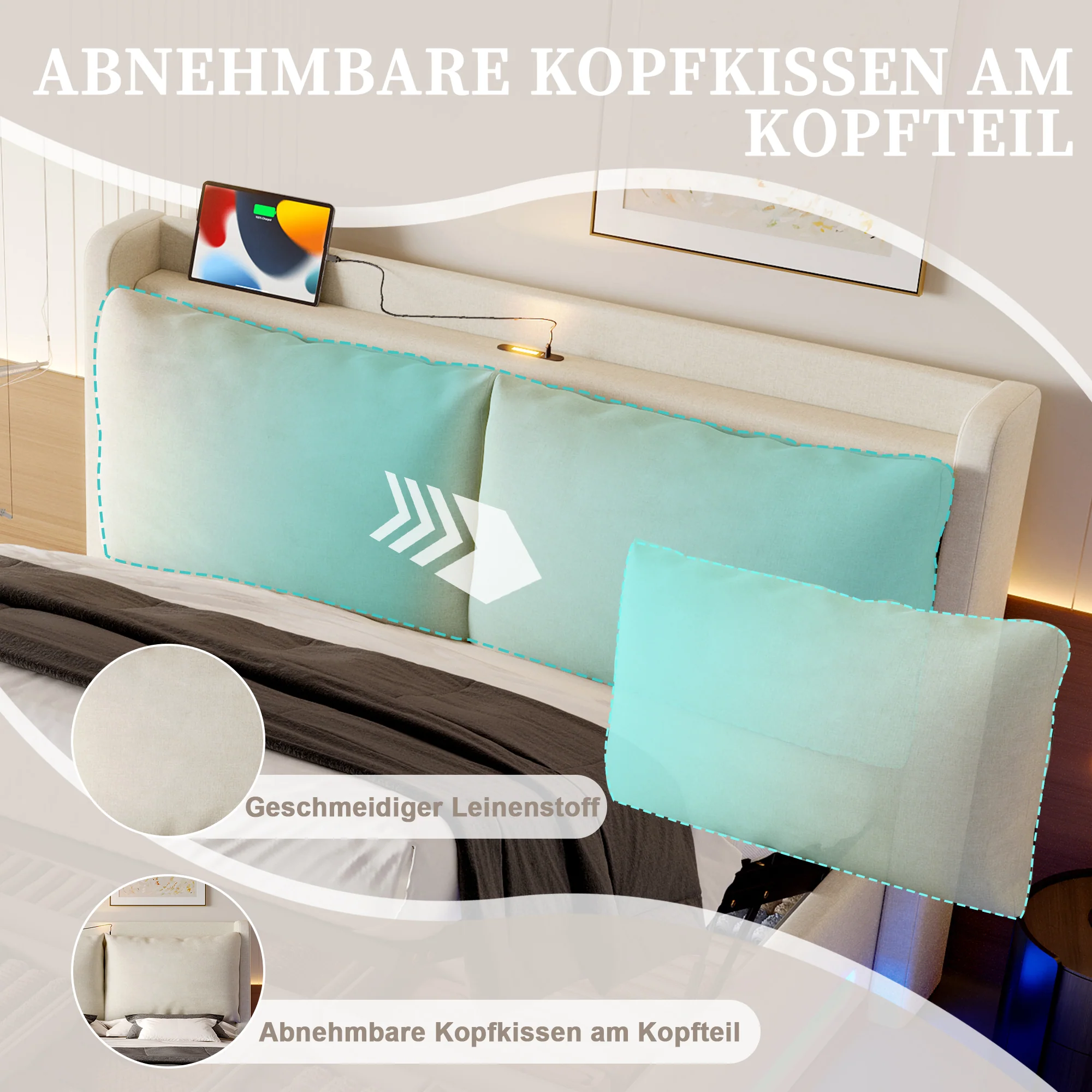 Modern Upholstered Bed with Storage, LED Light, USB-C Ports - 140x200cm - Image 10