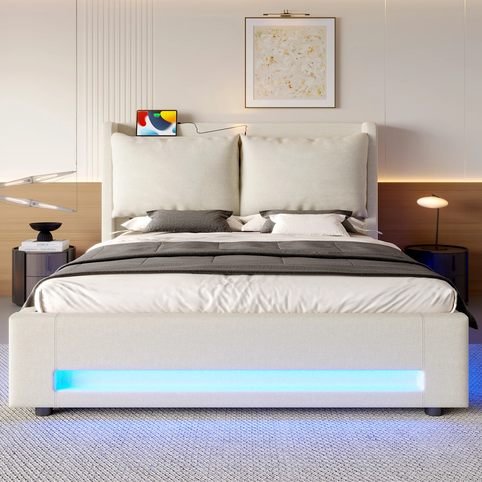 Modern Upholstered Bed with Storage, LED Light, USB-C Ports - 140x200cm - Image 3