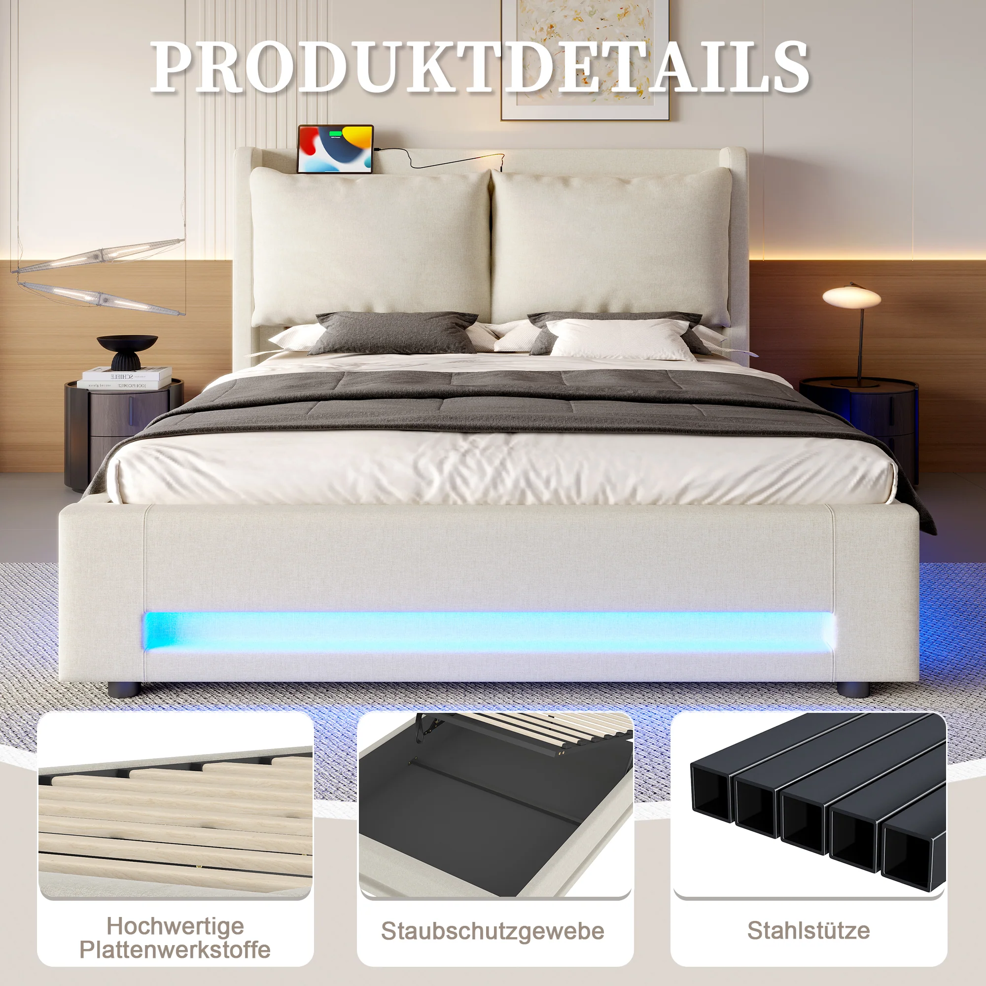 Modern Upholstered Bed with Storage, LED Light, USB-C Ports - 140x200cm - Image 5