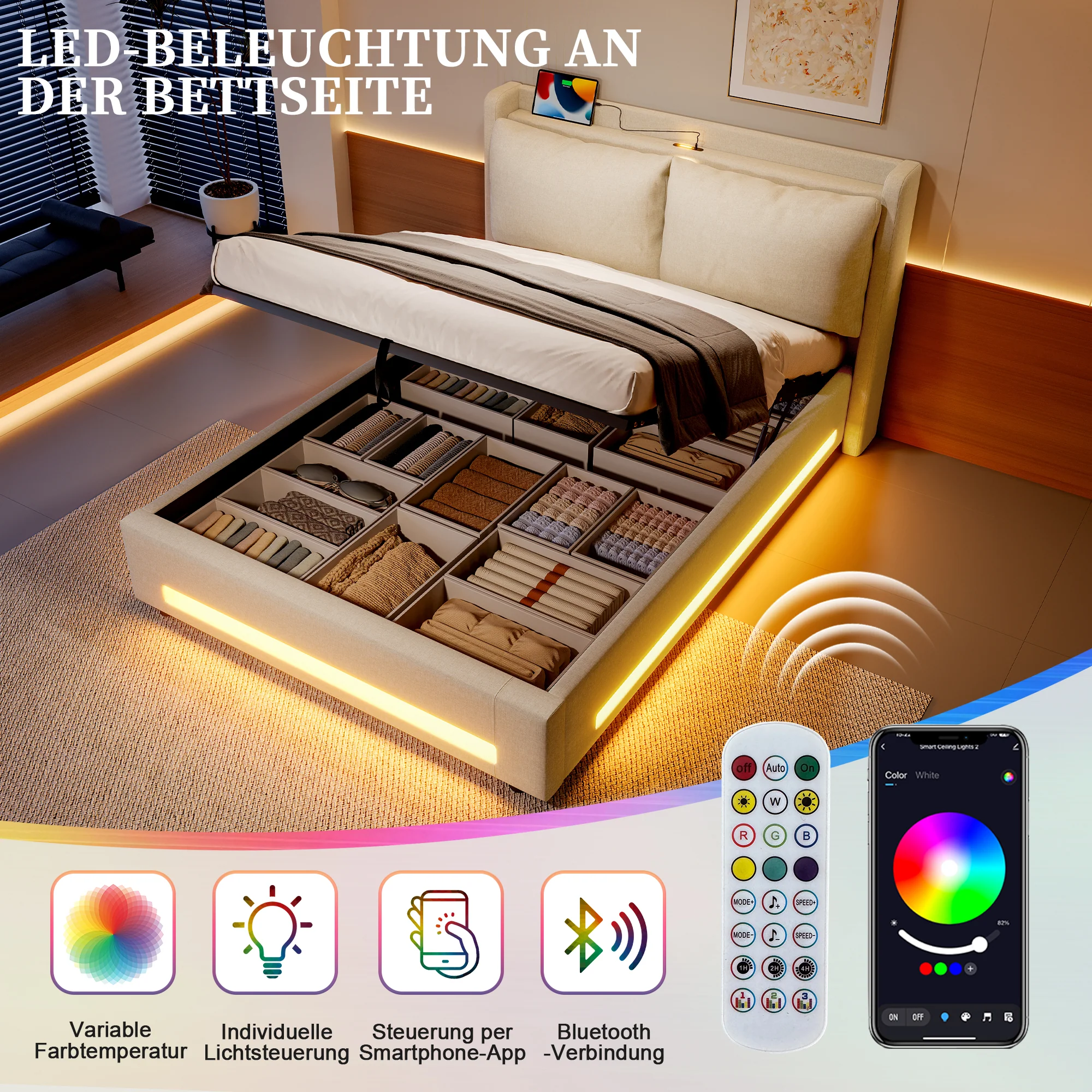 Modern Upholstered Bed with Storage, LED Light, USB-C Ports - 140x200cm - Image 6