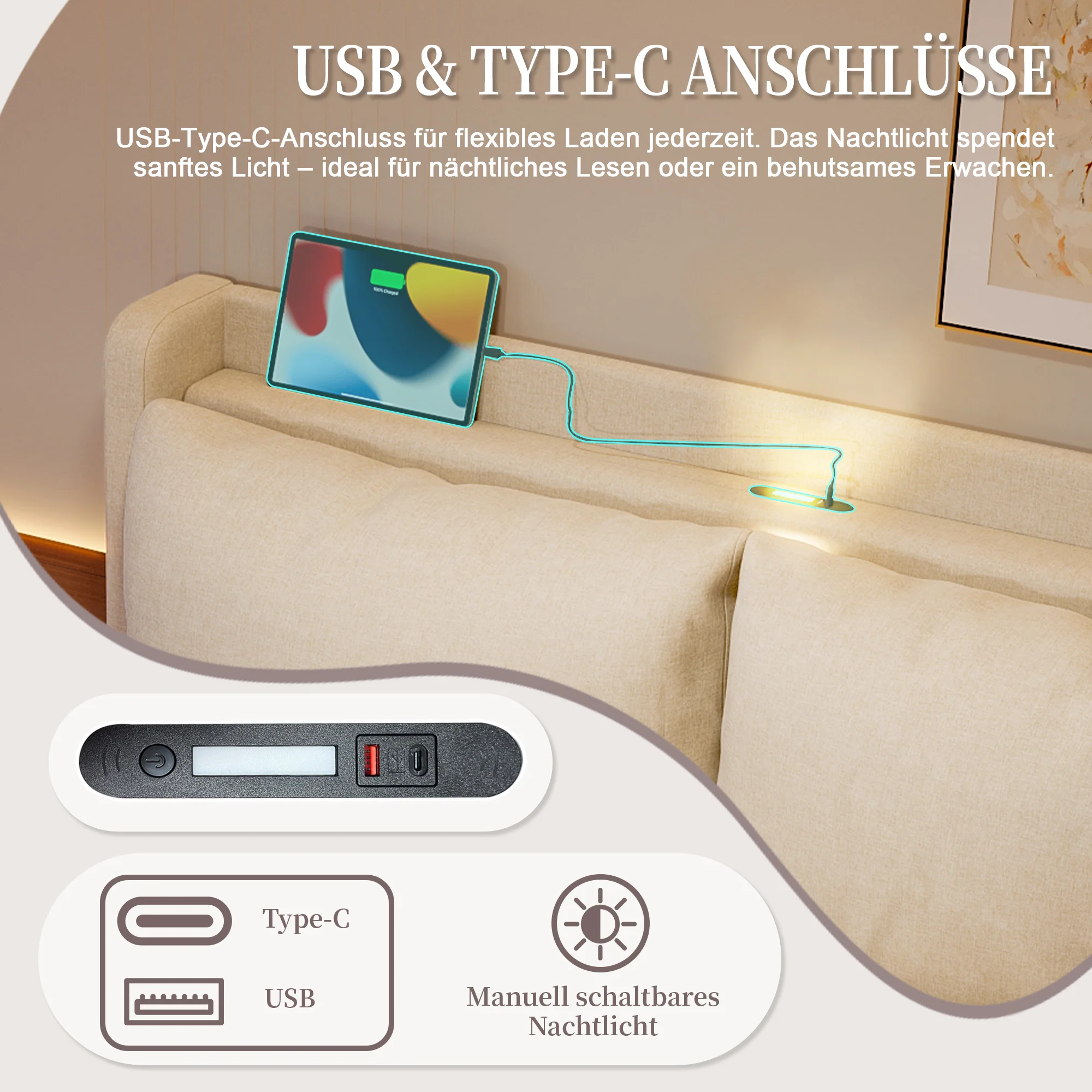 Modern Upholstered Bed with Storage, LED Light, USB-C Ports - 140x200cm - Image 9
