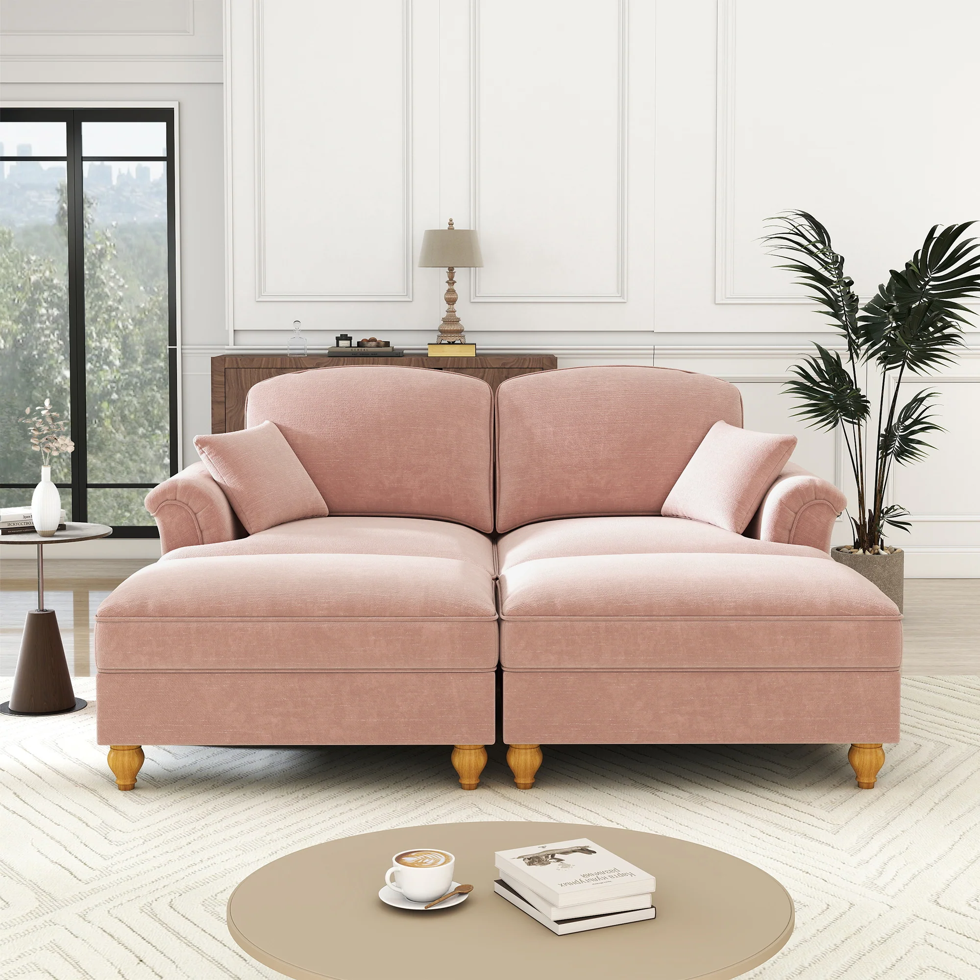 Modular 2-Seater Chenille Sofa with Funnel Armrests, Ruffled Apron & Ottoman Pink - Image 3