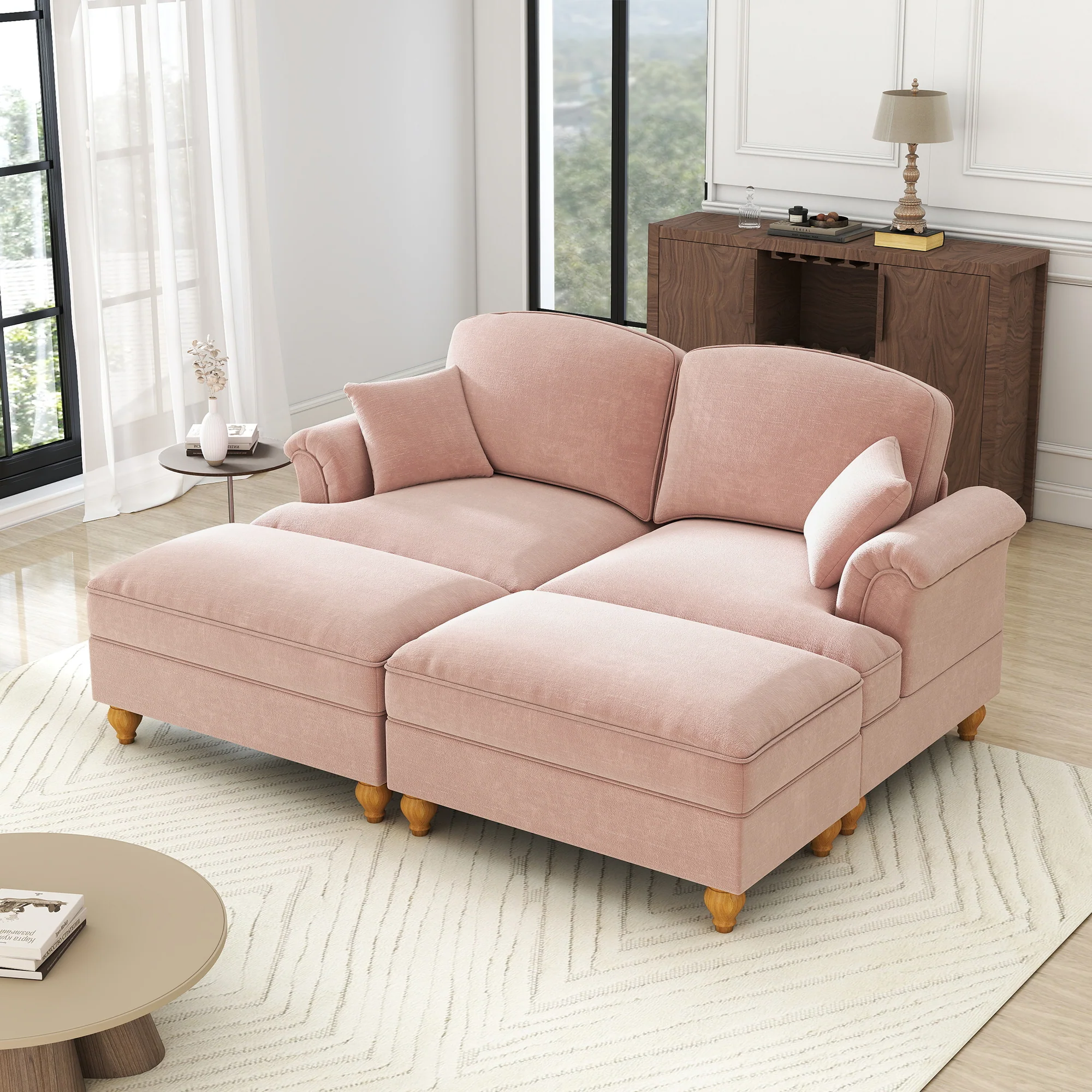Modular 2-Seater Chenille Sofa with Funnel Armrests, Ruffled Apron & Ottoman Pink - Image 5