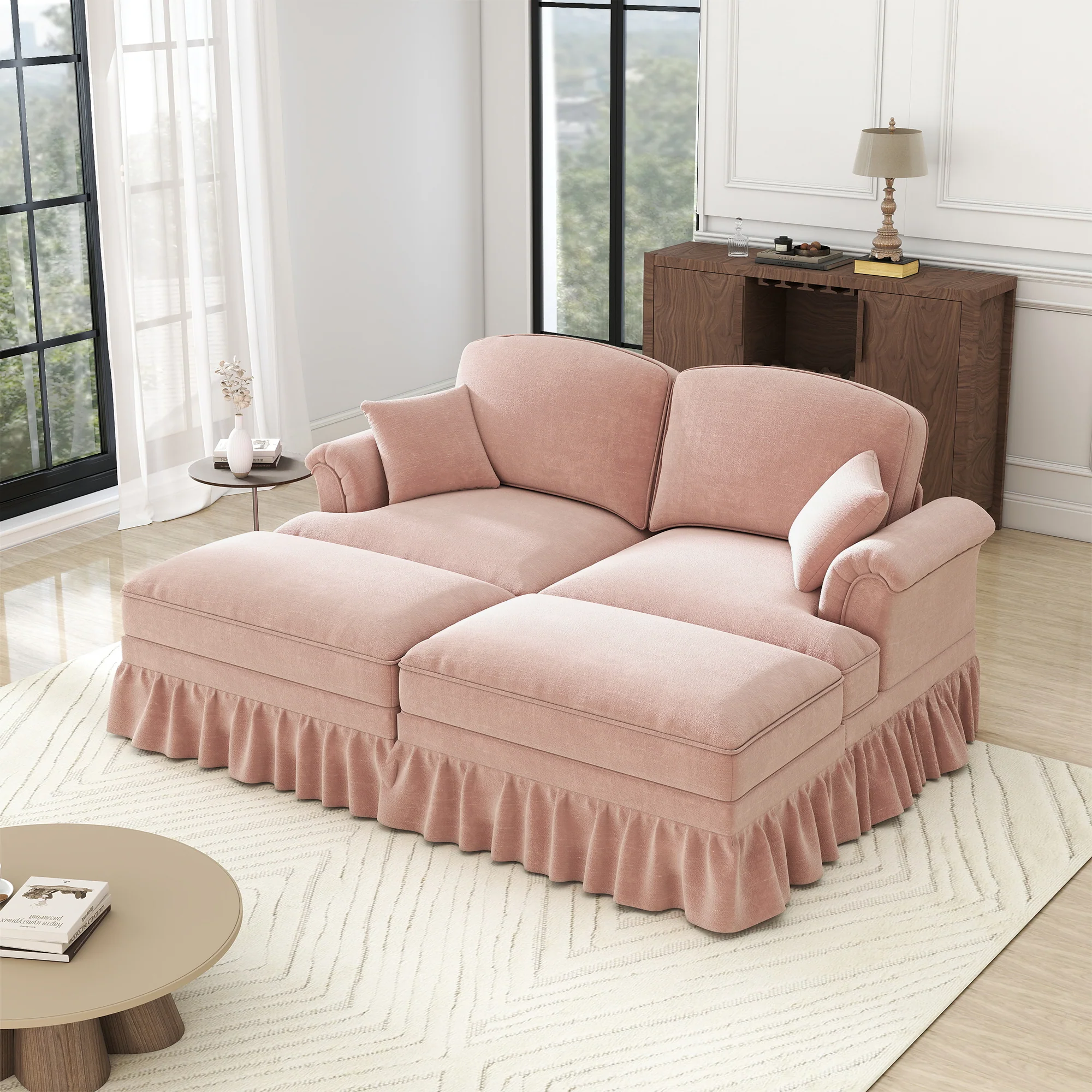 Modular 2-Seater Chenille Sofa with Funnel Armrests, Ruffled Apron & Ottoman Pink - Image 6