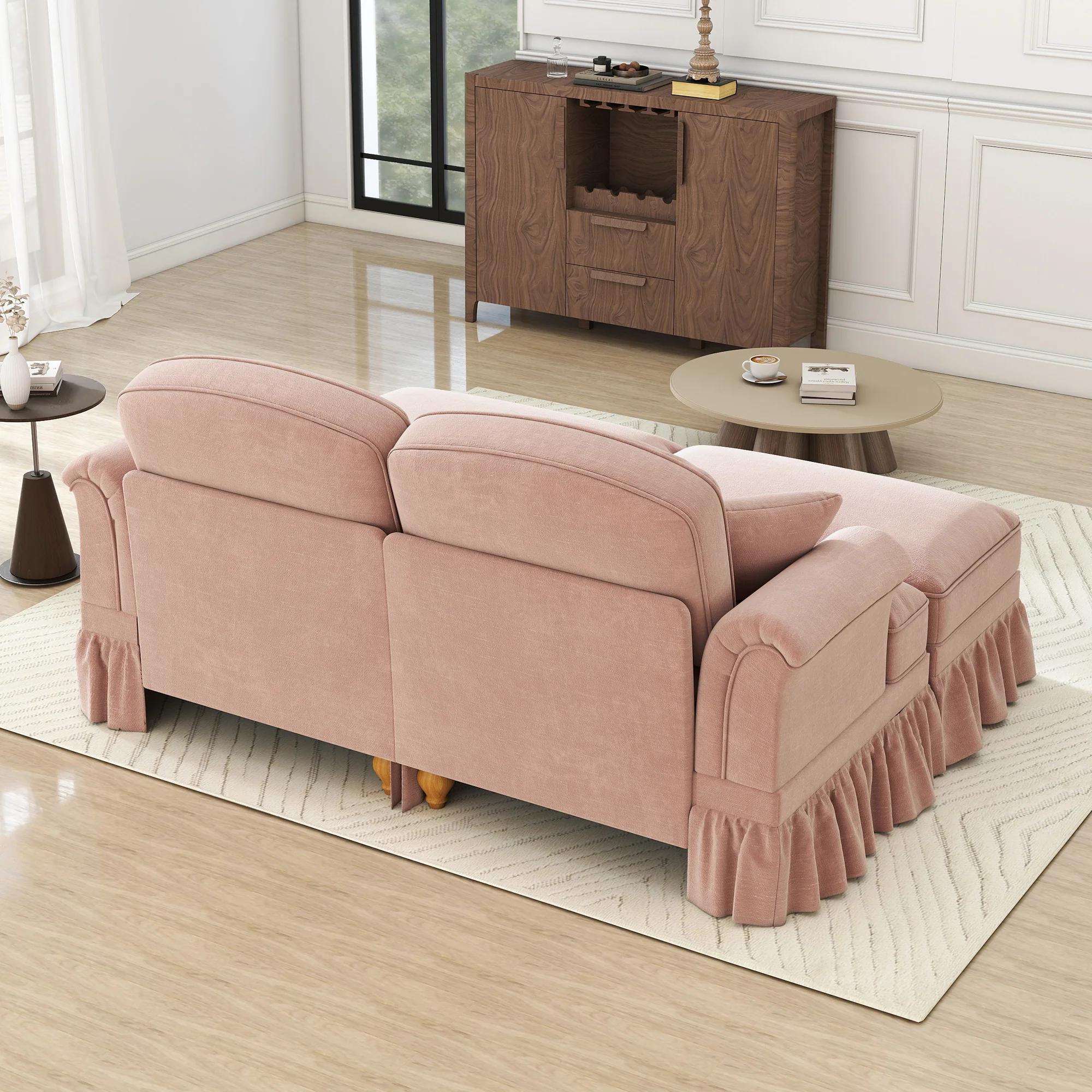 Modular 2-Seater Chenille Sofa with Funnel Armrests, Ruffled Apron & Ottoman Pink - Image 7