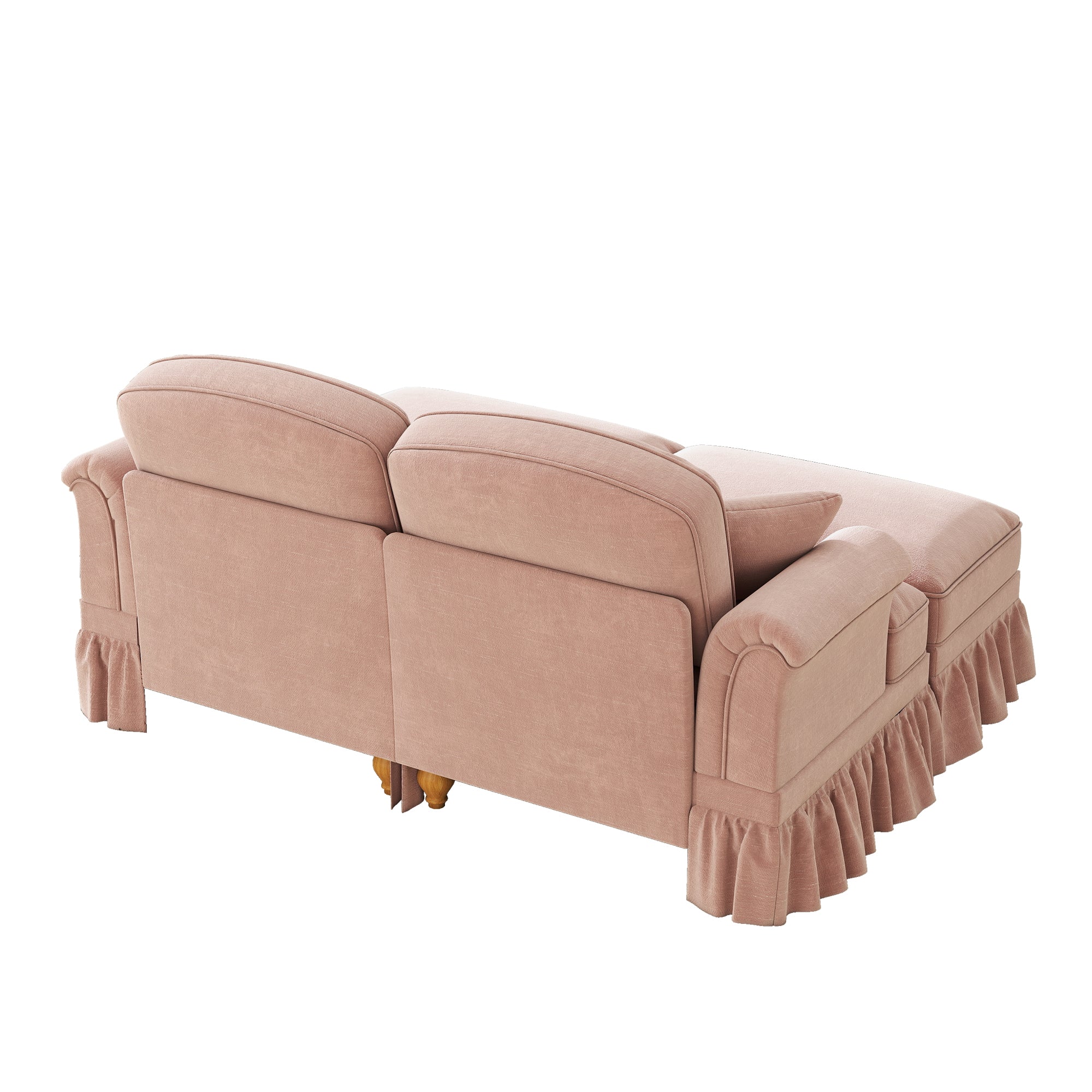 Modular 2-Seater Chenille Sofa with Funnel Armrests, Ruffled Apron & Ottoman Pink - Image 8