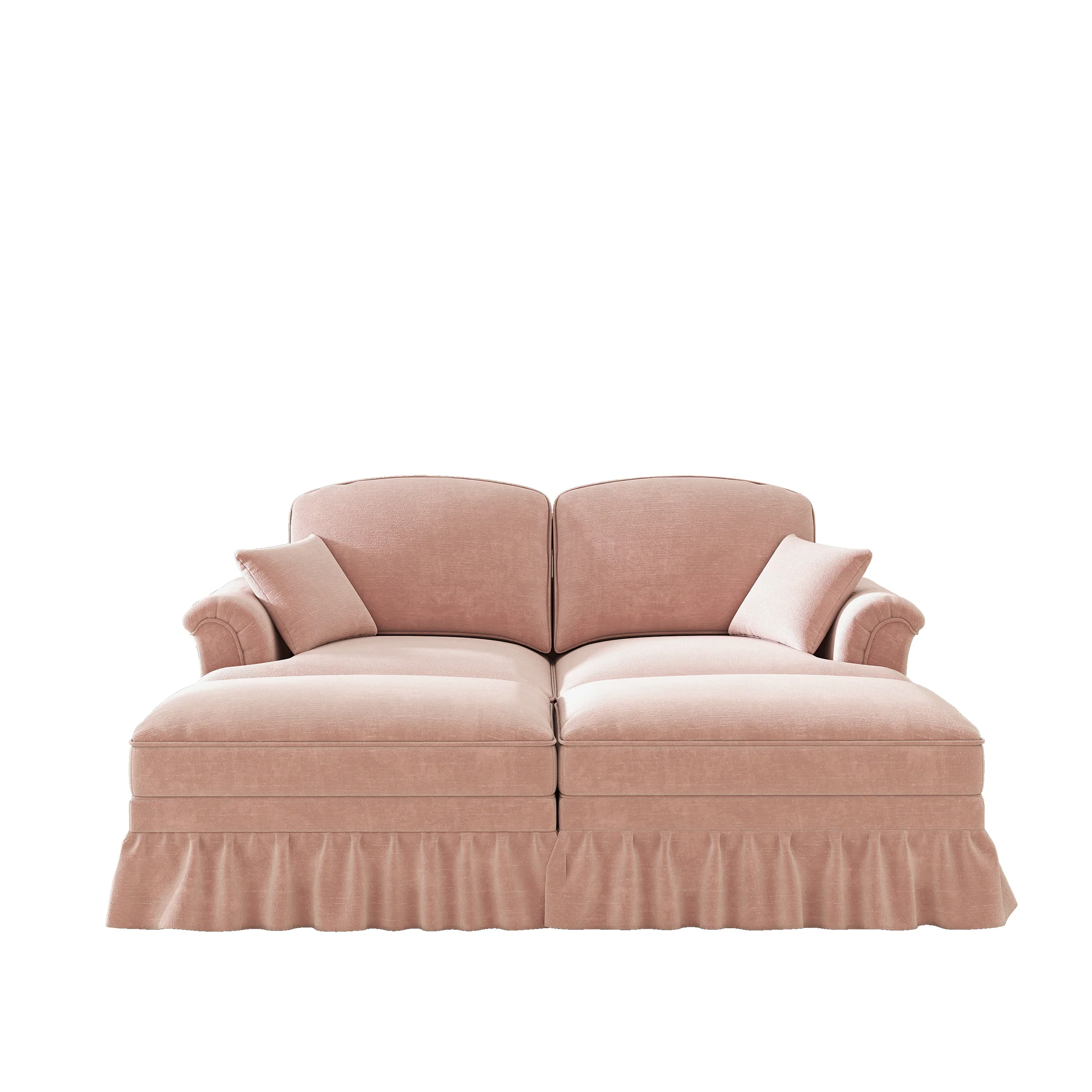Modular 2-Seater Chenille Sofa with Funnel Armrests, Ruffled Apron & Ottoman Pink - Image 9
