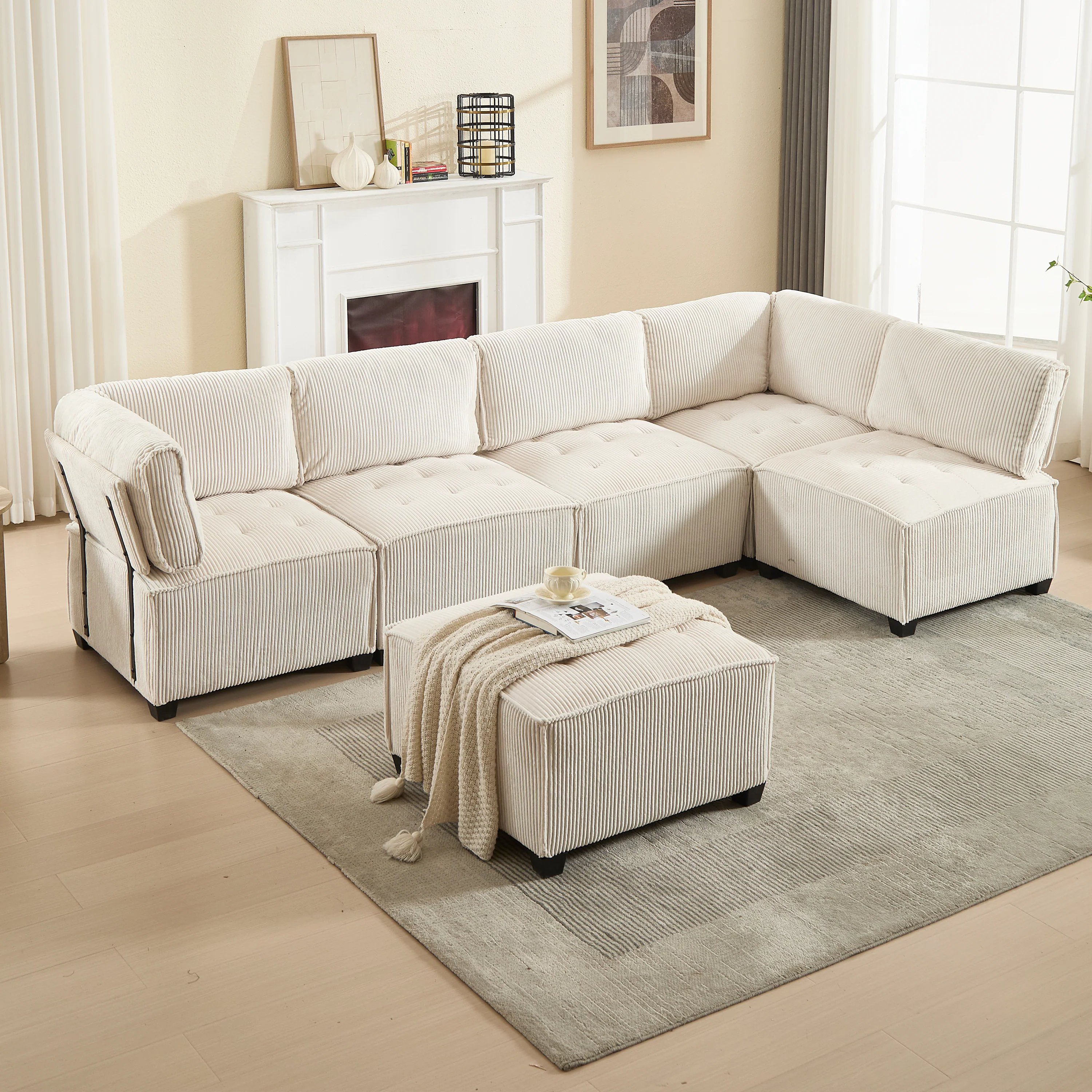 Modular 6-Seater Sofa 308cm Ergonomic Storage Pockets Corduroy, Beige - Image 2