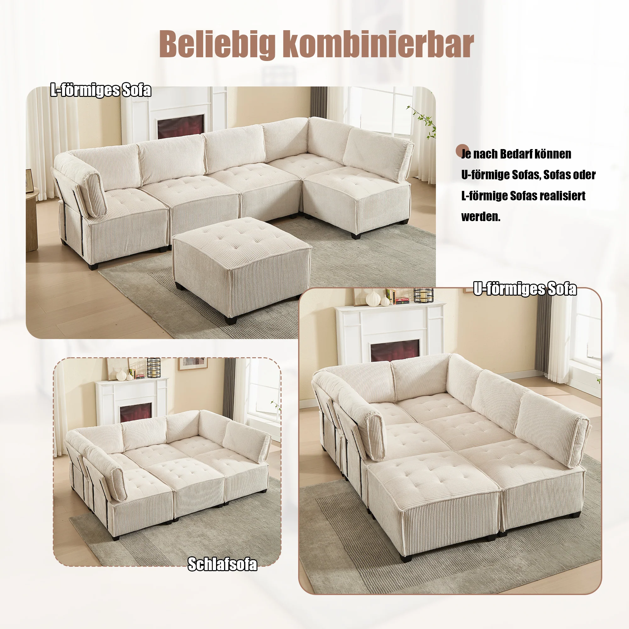 Modular 6-Seater Sofa 308cm Ergonomic Storage Pockets Corduroy, Beige - Image 4