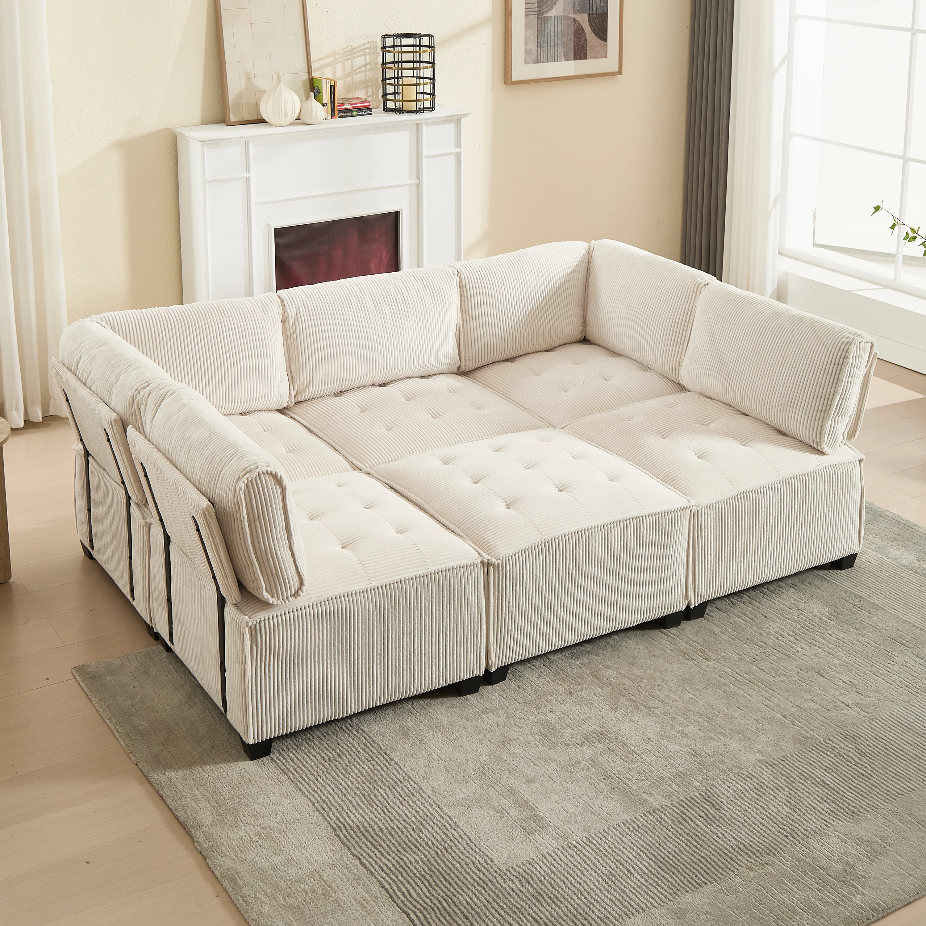 Modular 6-Seater Sofa 308cm Ergonomic Storage Pockets Corduroy, Beige - Image 6