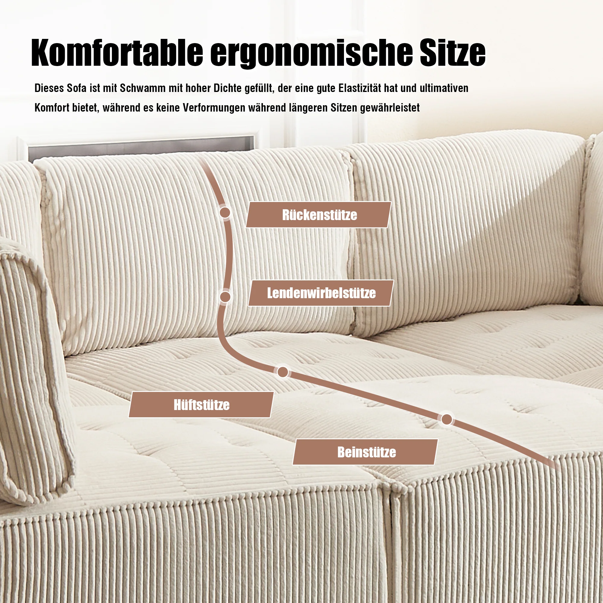 Modular 6-Seater Sofa 308cm Ergonomic Storage Pockets Corduroy, Beige - Image 7