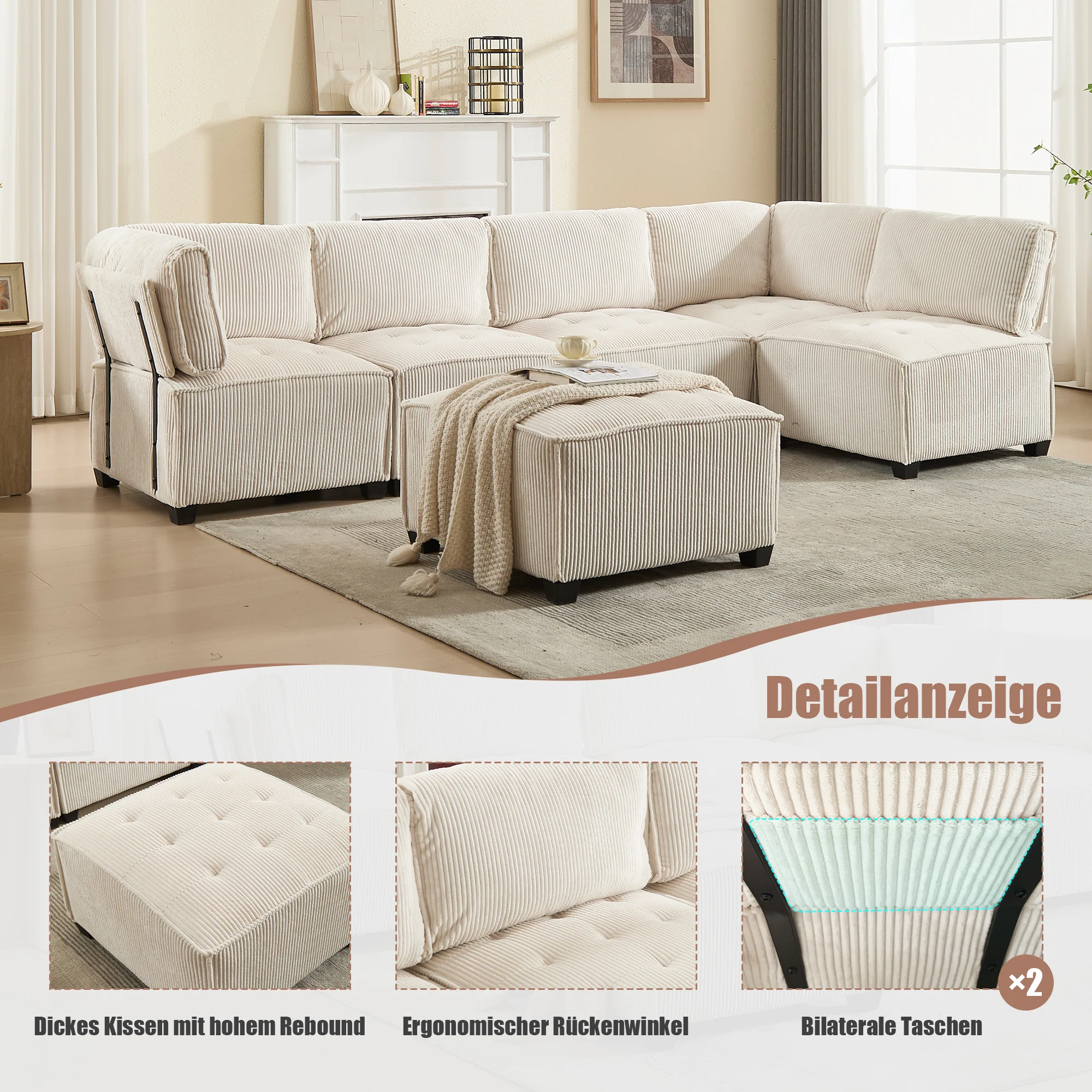 Modular 6-Seater Sofa 308cm Ergonomic Storage Pockets Corduroy, Beige - Image 8