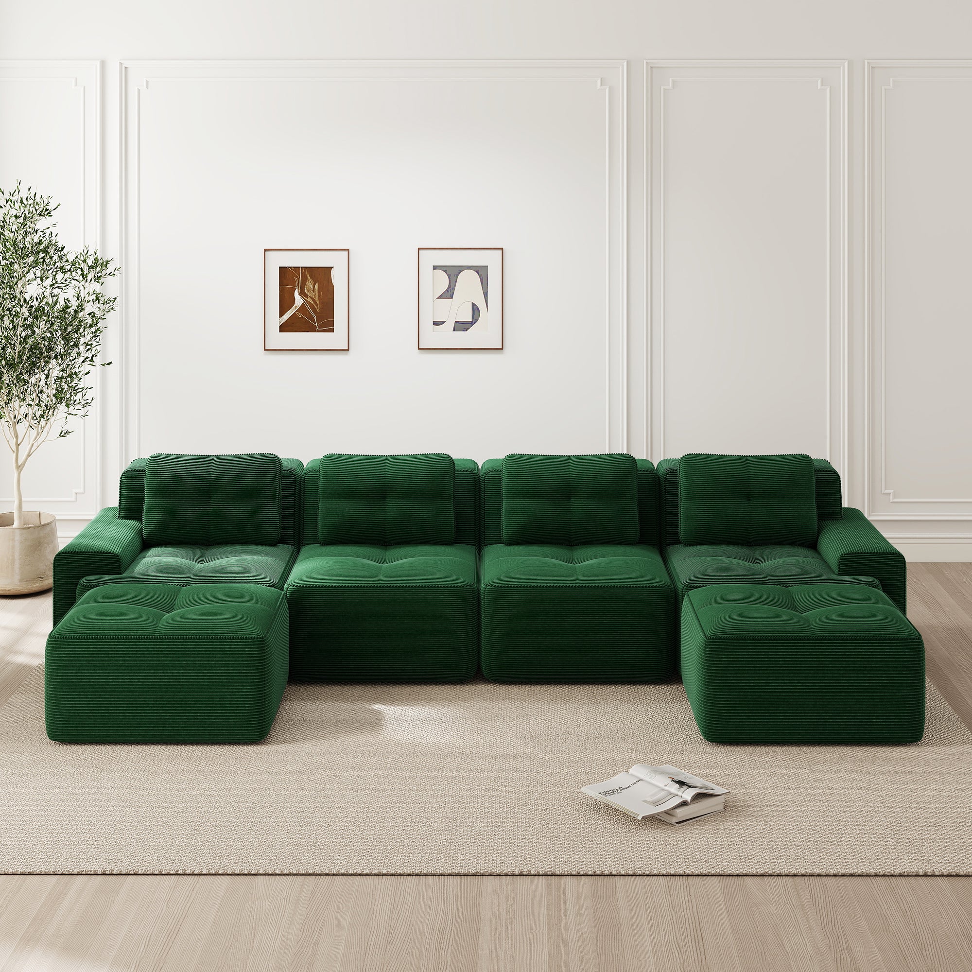 Modular Boneless Sofa U-Shaped Chaise 4-Seater - Corduroy Green - Image 2