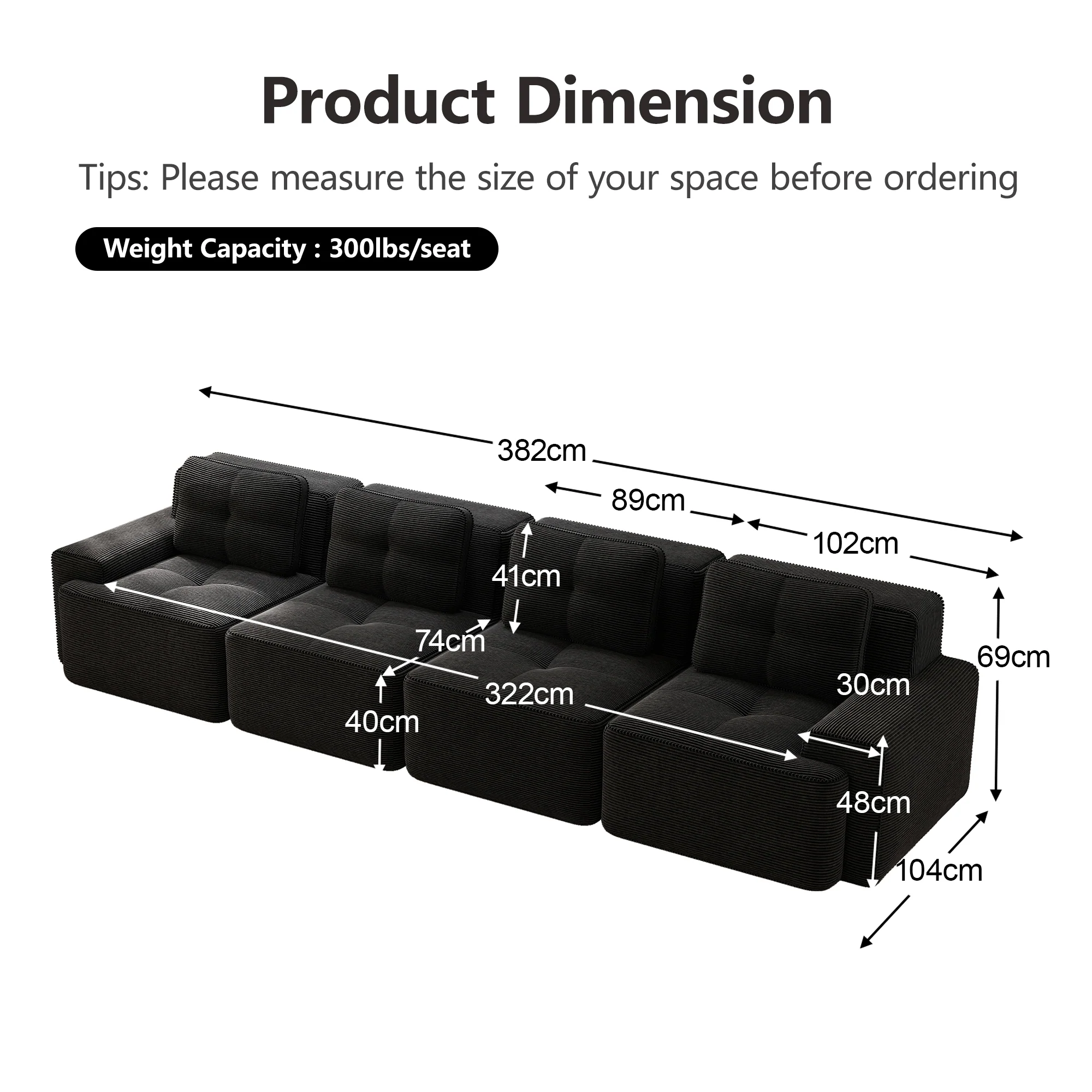 Modular Cloud Sofa 4-Seater Deep Seat Corduroy - Black - Image 7