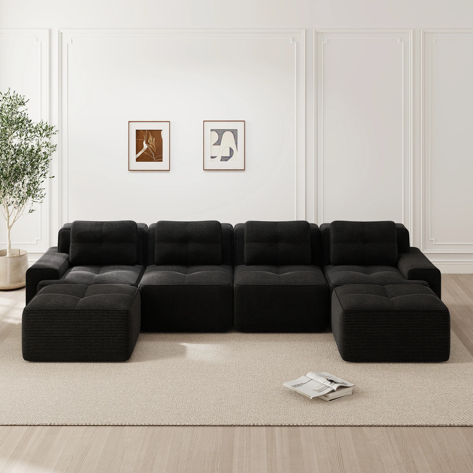 Modular Cloud Sofa U-Shaped Chaise Lounge 4-Seater Corduroy Black - Image 2