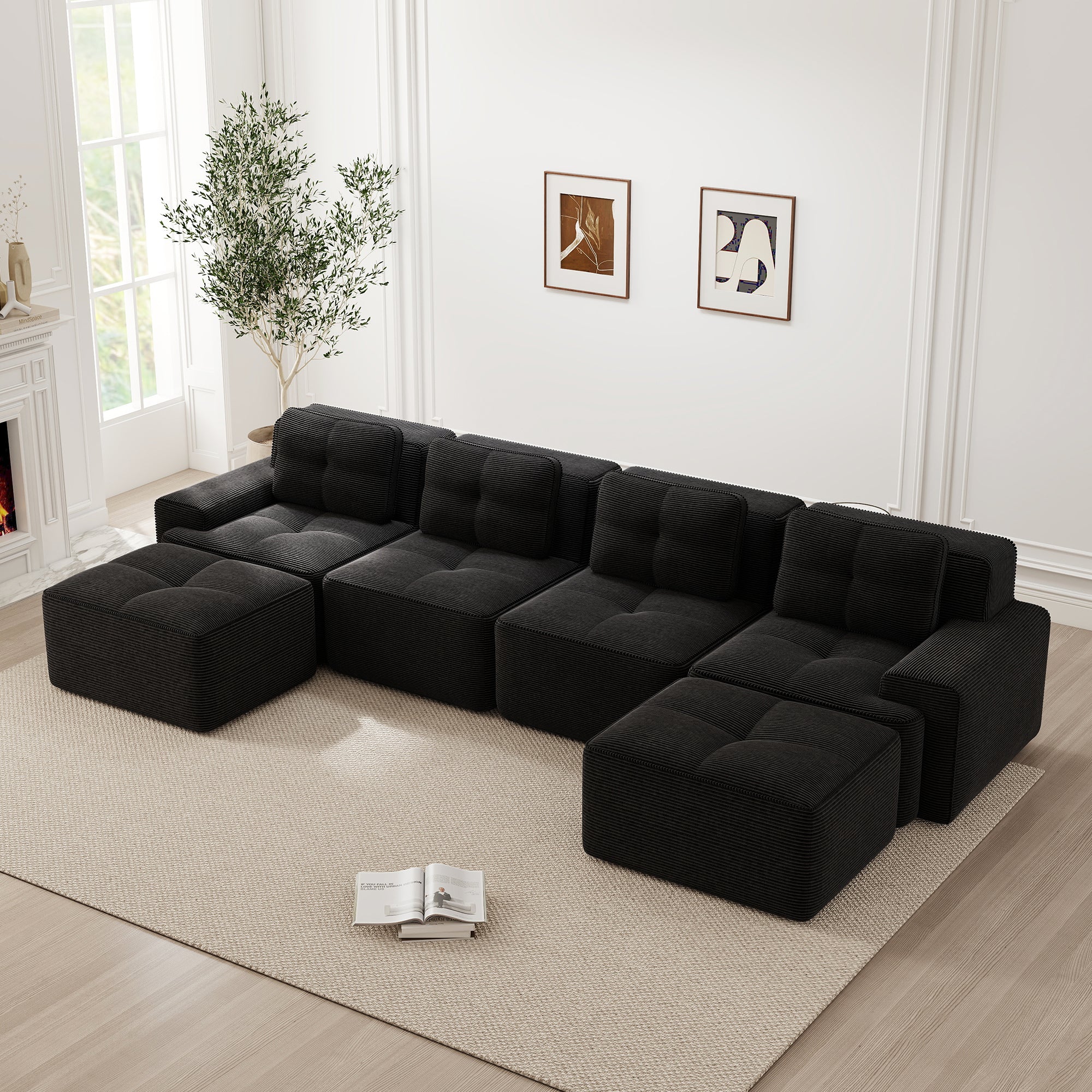 Modular Cloud Sofa U-Shaped Chaise Lounge 4-Seater Corduroy Black - Image 3