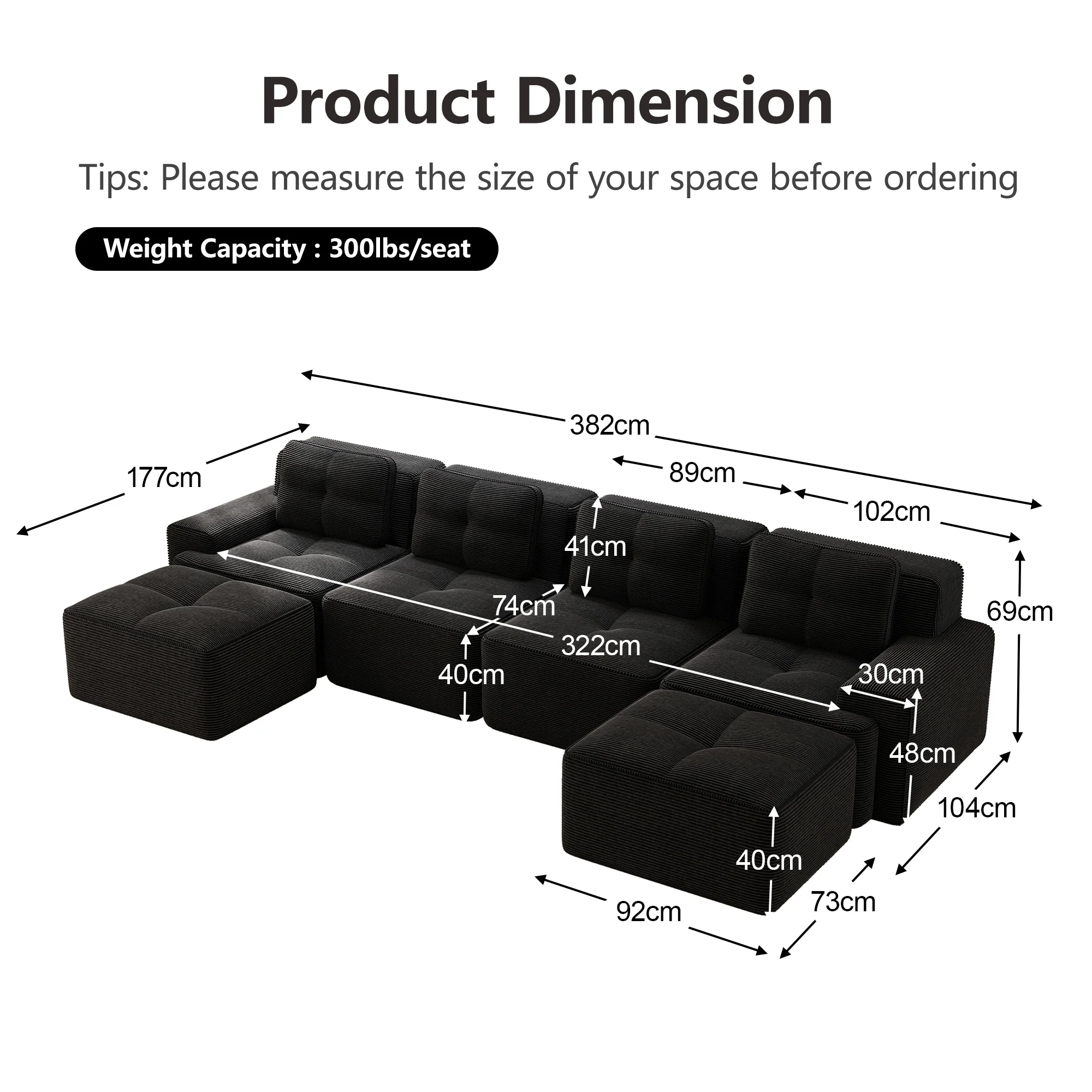 Modular Cloud Sofa U-Shaped Chaise Lounge 4-Seater Corduroy Black - Image 7