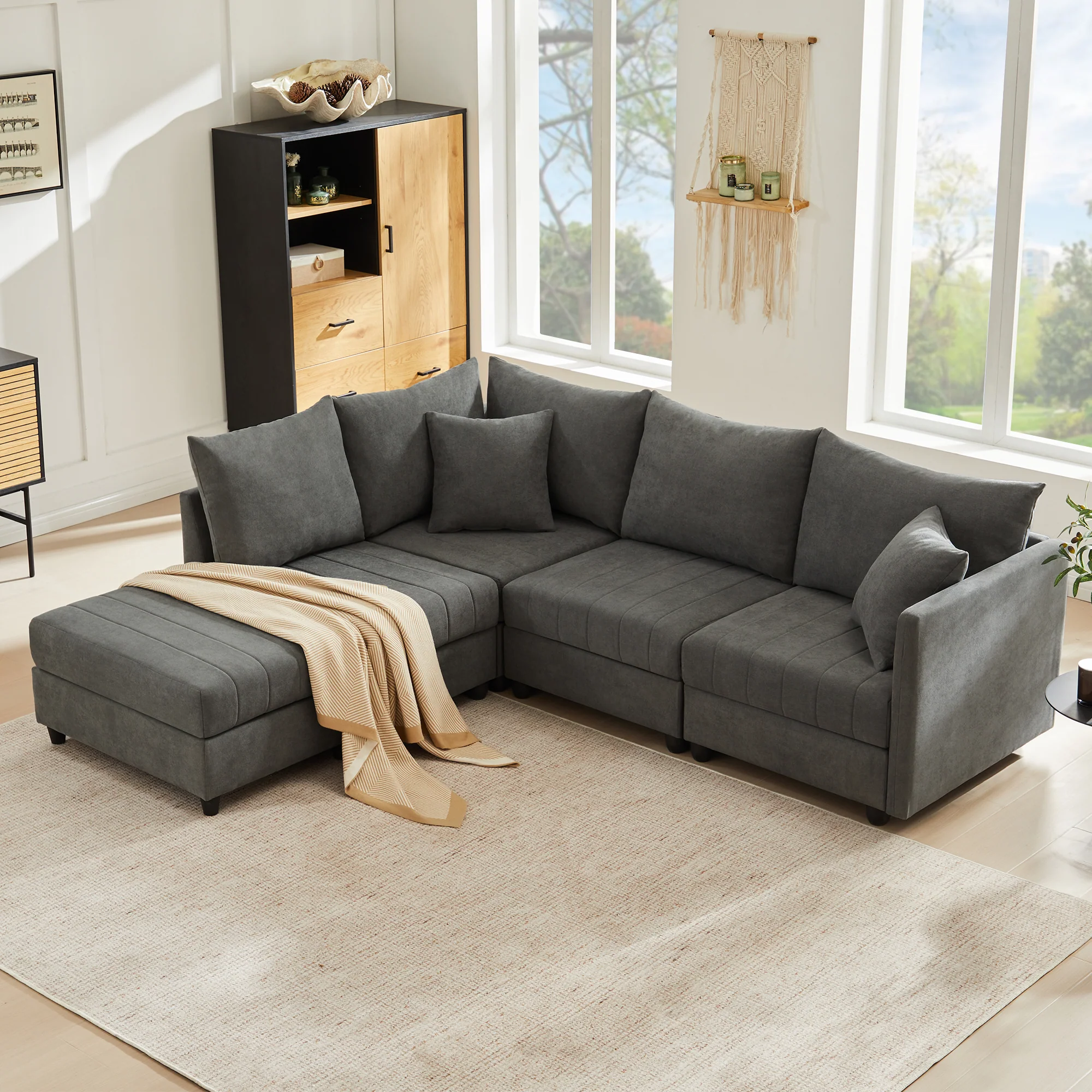 Modular Corner Sofa 5-Seater Convertible Footstool L/U-Shape Vertical Stripes - Image 2