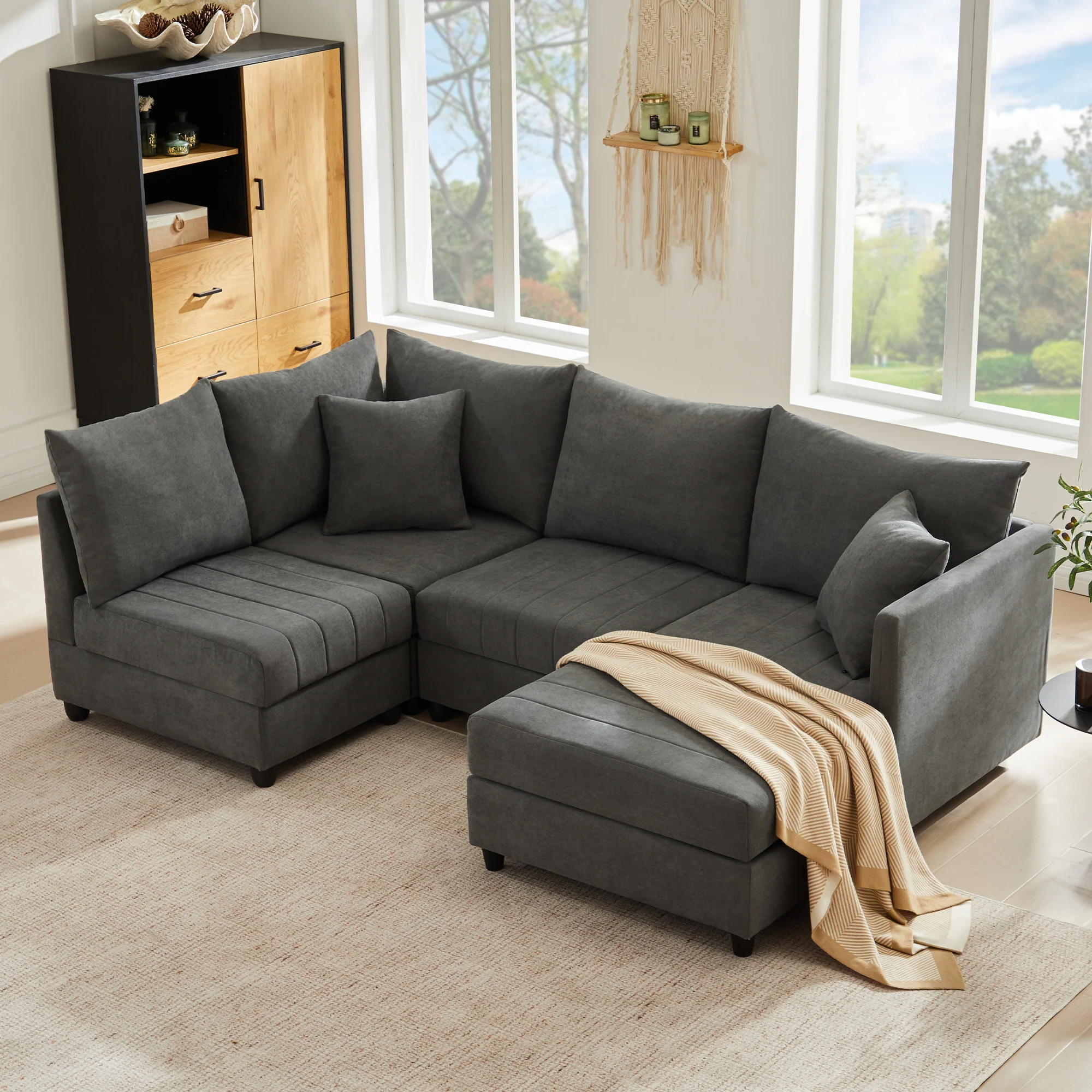 Modular Corner Sofa 5-Seater Convertible Footstool L/U-Shape Vertical Stripes - Image 3
