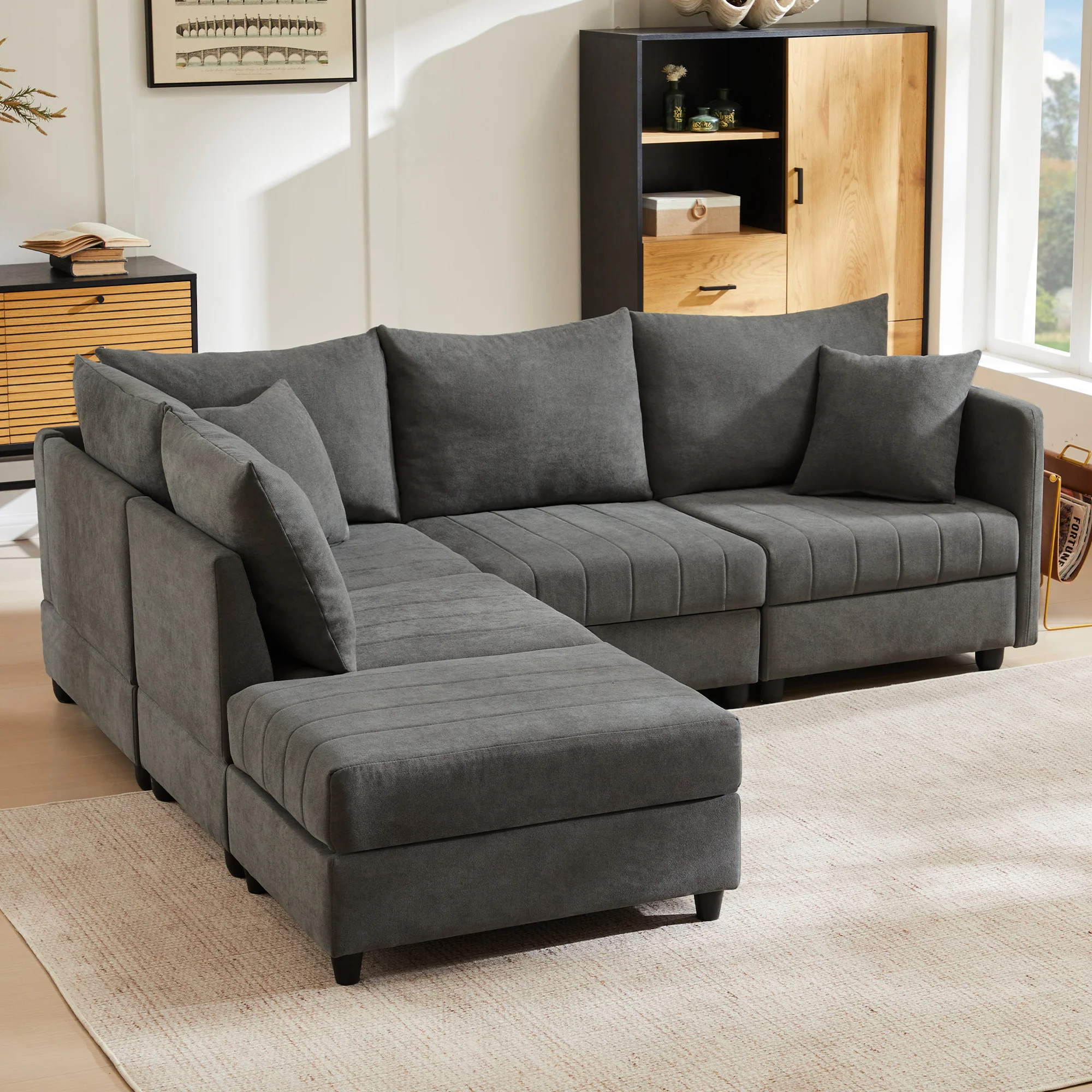 Modular Corner Sofa 5-Seater Convertible Footstool L/U-Shape Vertical Stripes - Image 4