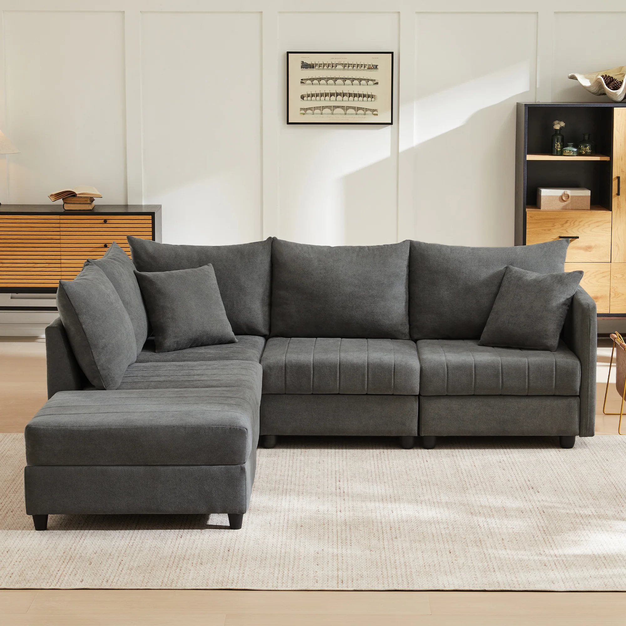 Modular Corner Sofa 5-Seater Convertible Footstool L/U-Shape Vertical Stripes - Image 5