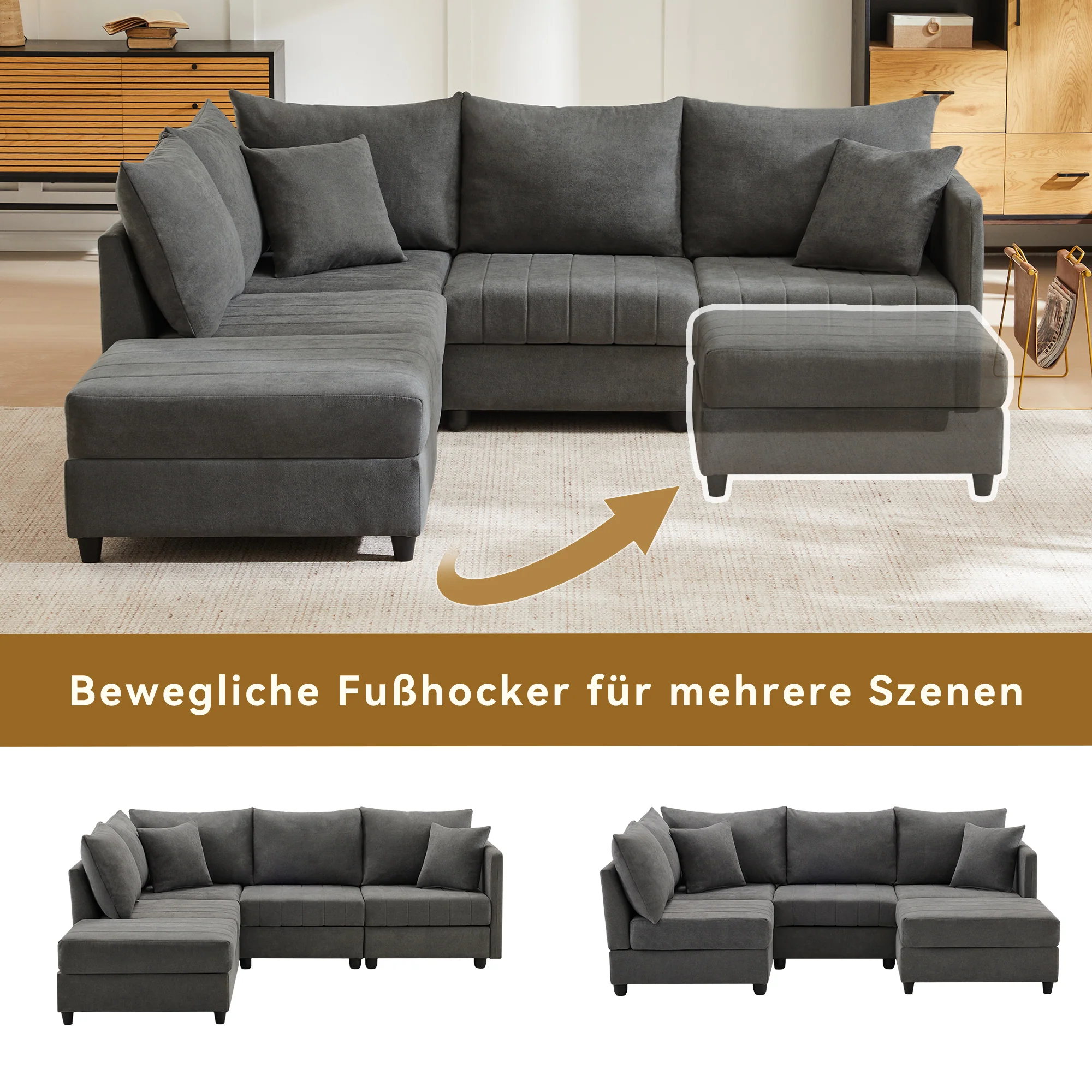 Modular Corner Sofa 5-Seater Convertible Footstool L/U-Shape Vertical Stripes - Image 8