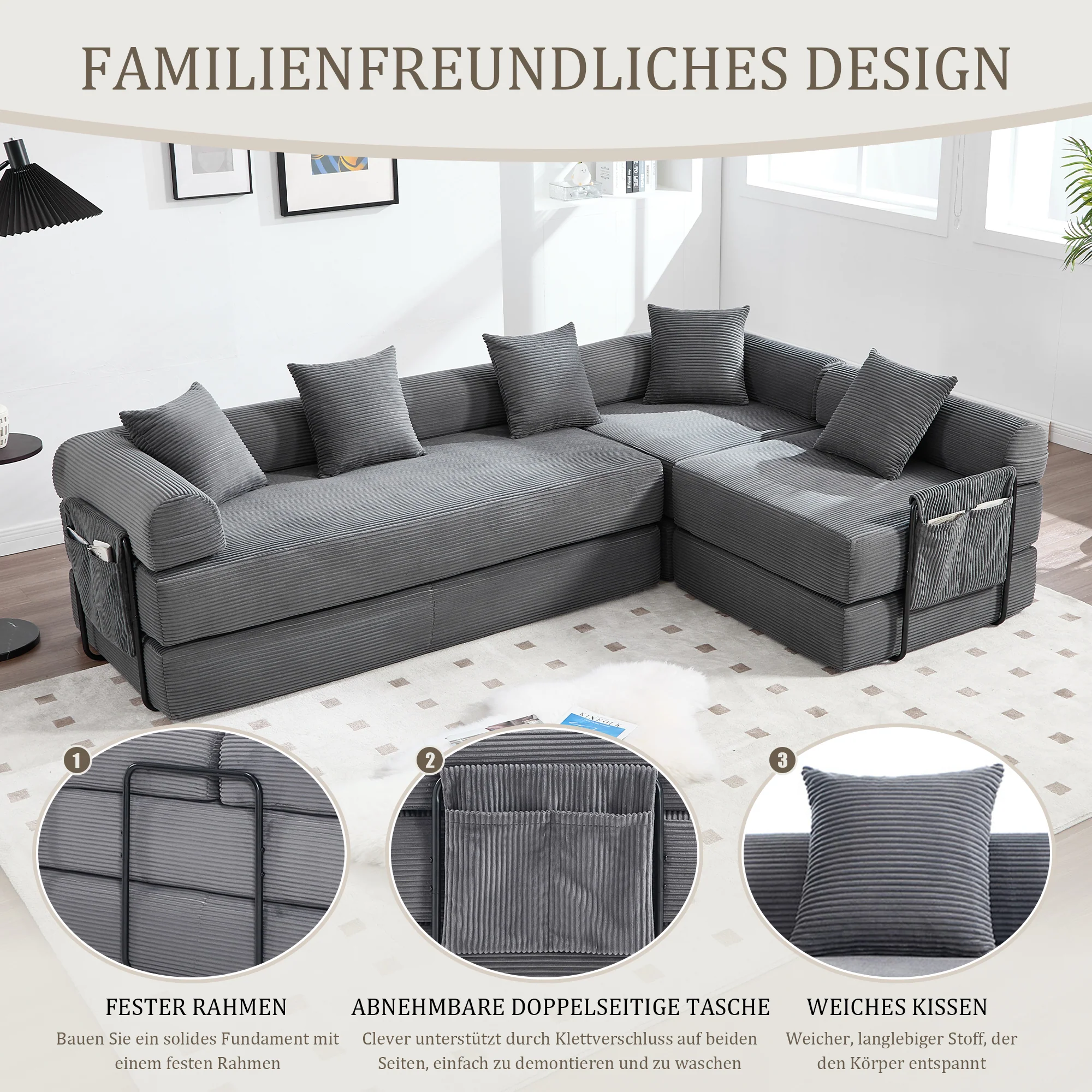 Modular Family Sofa with Storage & Pet-Friendly Fabric - Dark Gray - Image 3