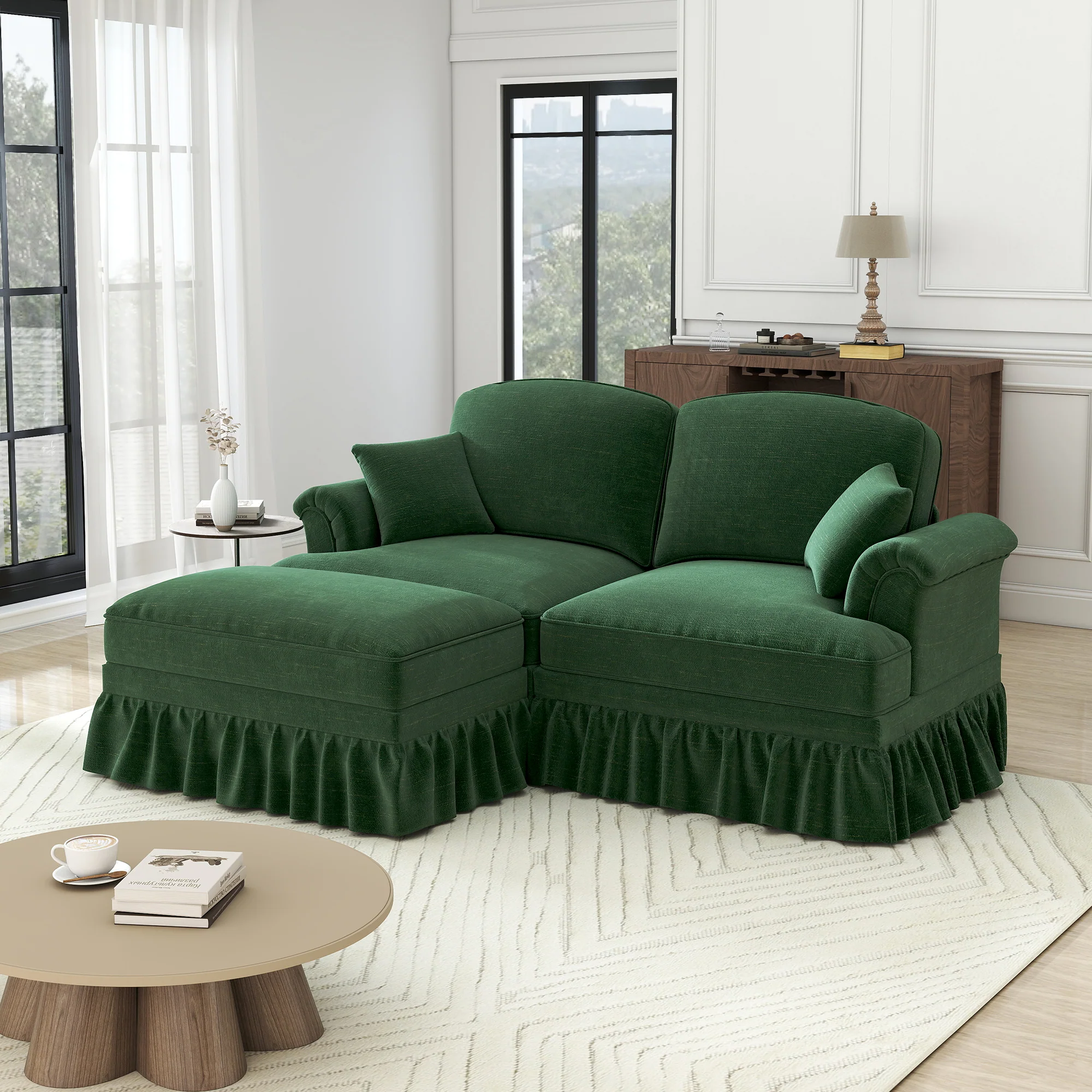 Modular L-Shaped 2-Seater Sofa Mid-Century with Ottoman - Chenille Green - Image 2