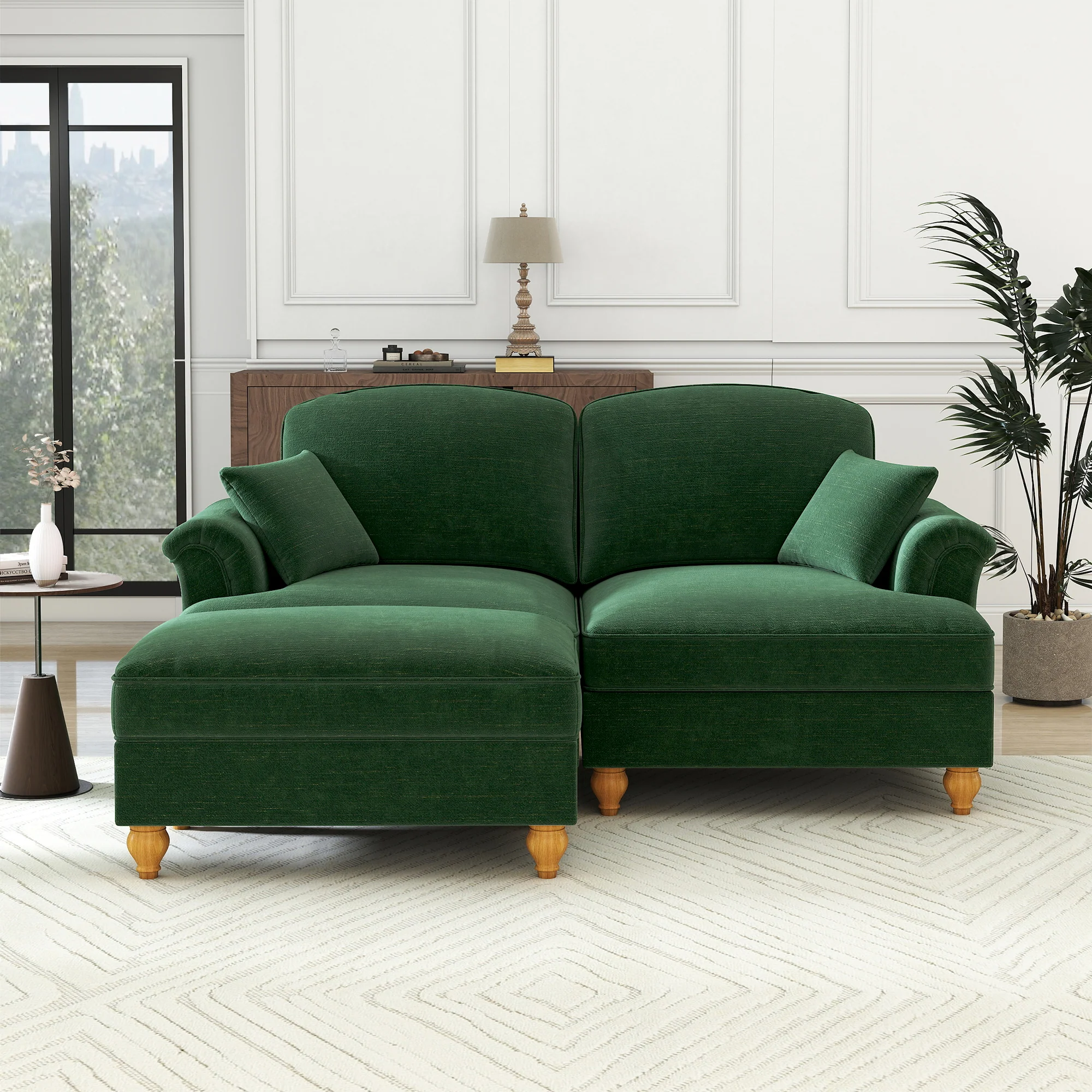Modular L-Shaped 2-Seater Sofa Mid-Century with Ottoman - Chenille Green - Image 3