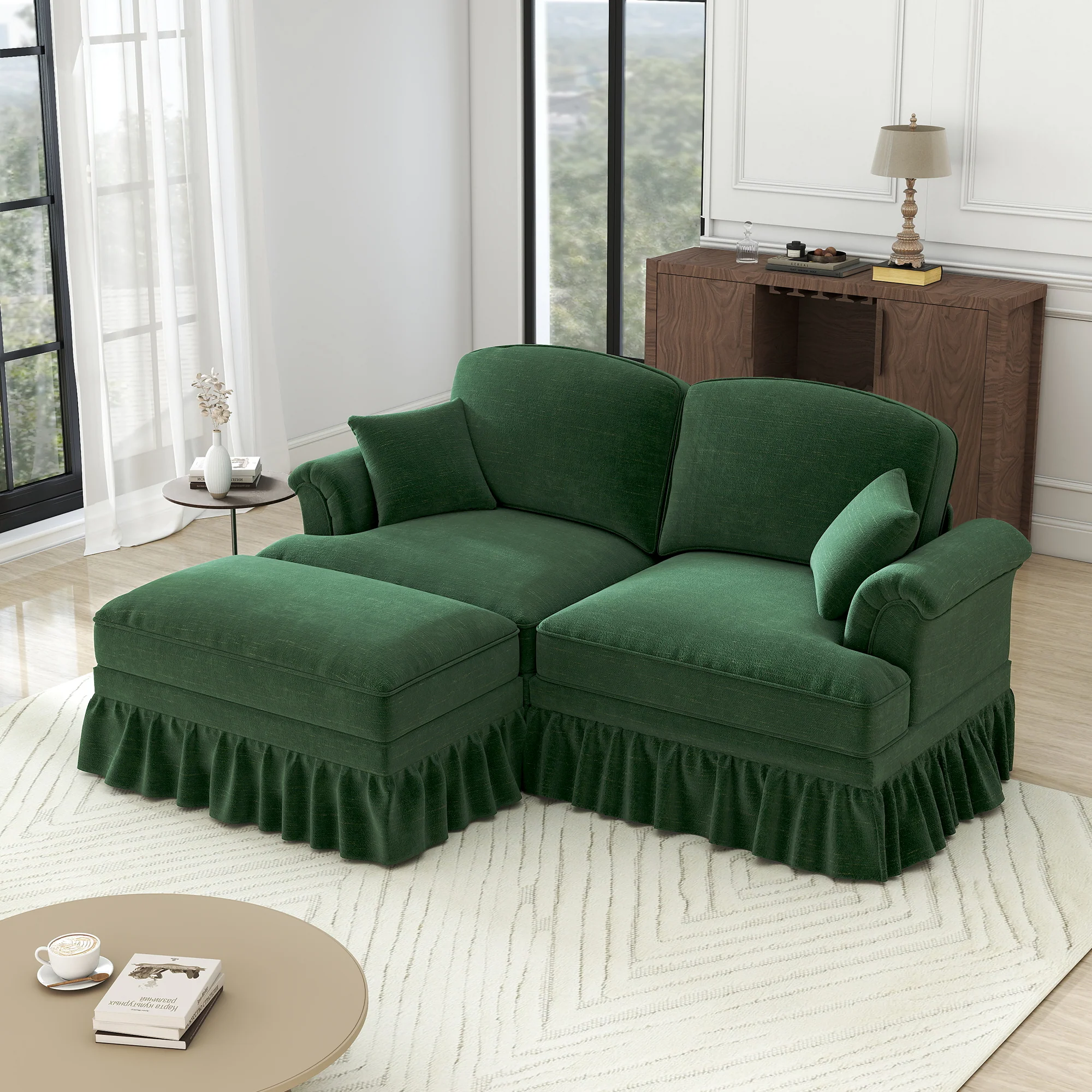 Modular L-Shaped 2-Seater Sofa Mid-Century with Ottoman - Chenille Green - Image 5