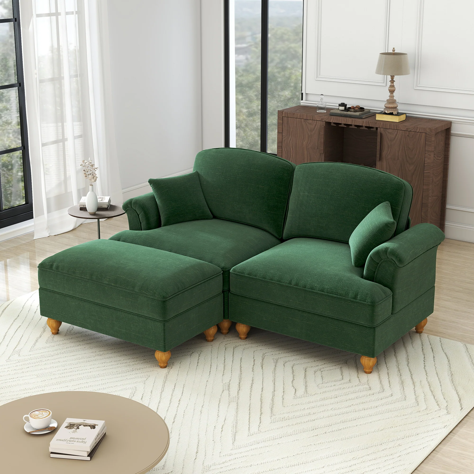 Modular L-Shaped 2-Seater Sofa Mid-Century with Ottoman - Chenille Green - Image 6