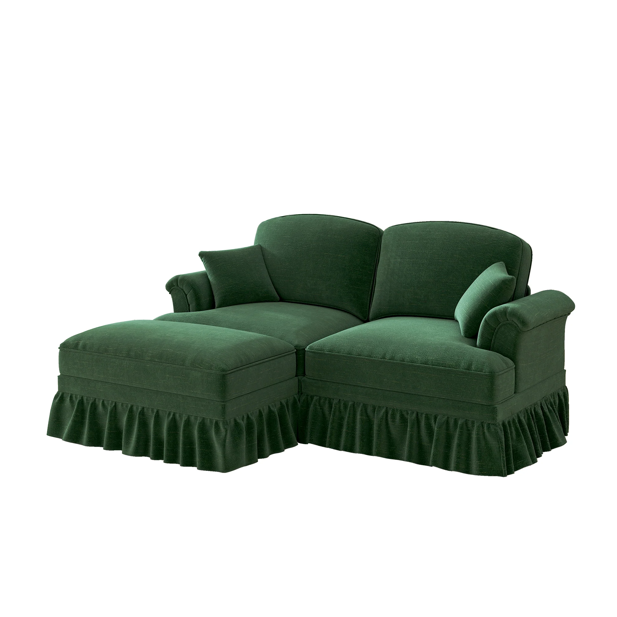 Modular L-Shaped 2-Seater Sofa Mid-Century with Ottoman - Chenille Green - Image 8