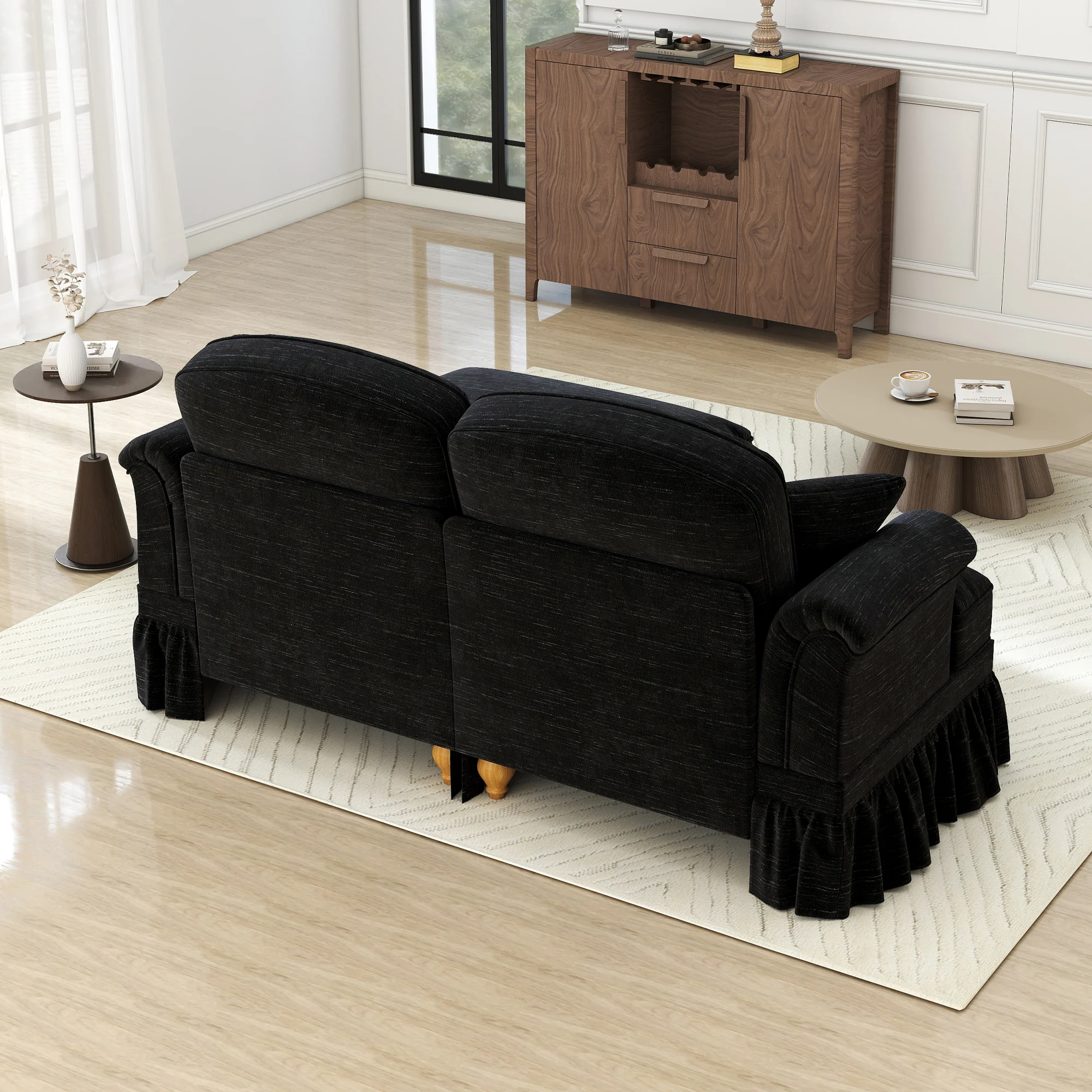 Modular L-Shaped Sofa 2-Seater Mid-Century w/ Ottoman & Ruffled Apron - Chenille Black - Image 7
