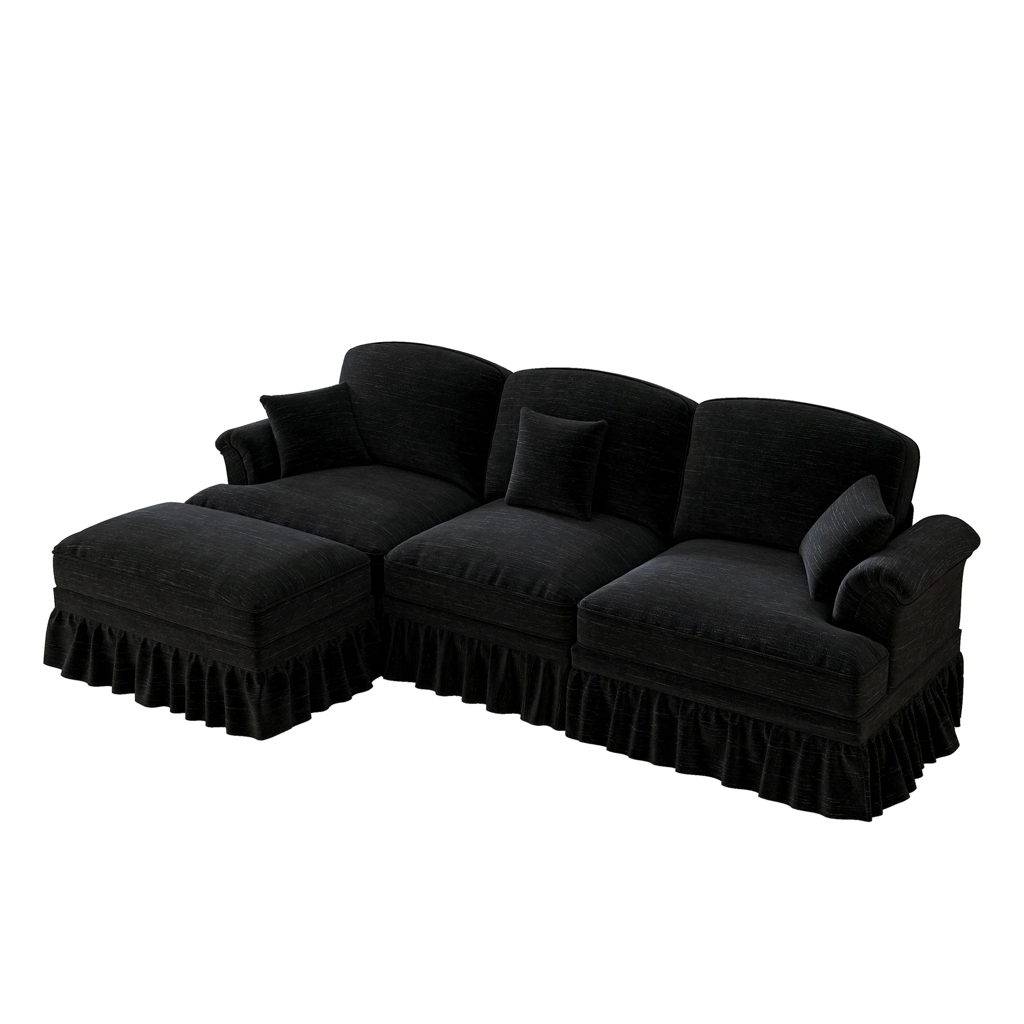 Modular L-Shaped Sofa 3-Seater Mid-Century Ottoman - Chenille Black - Image 10