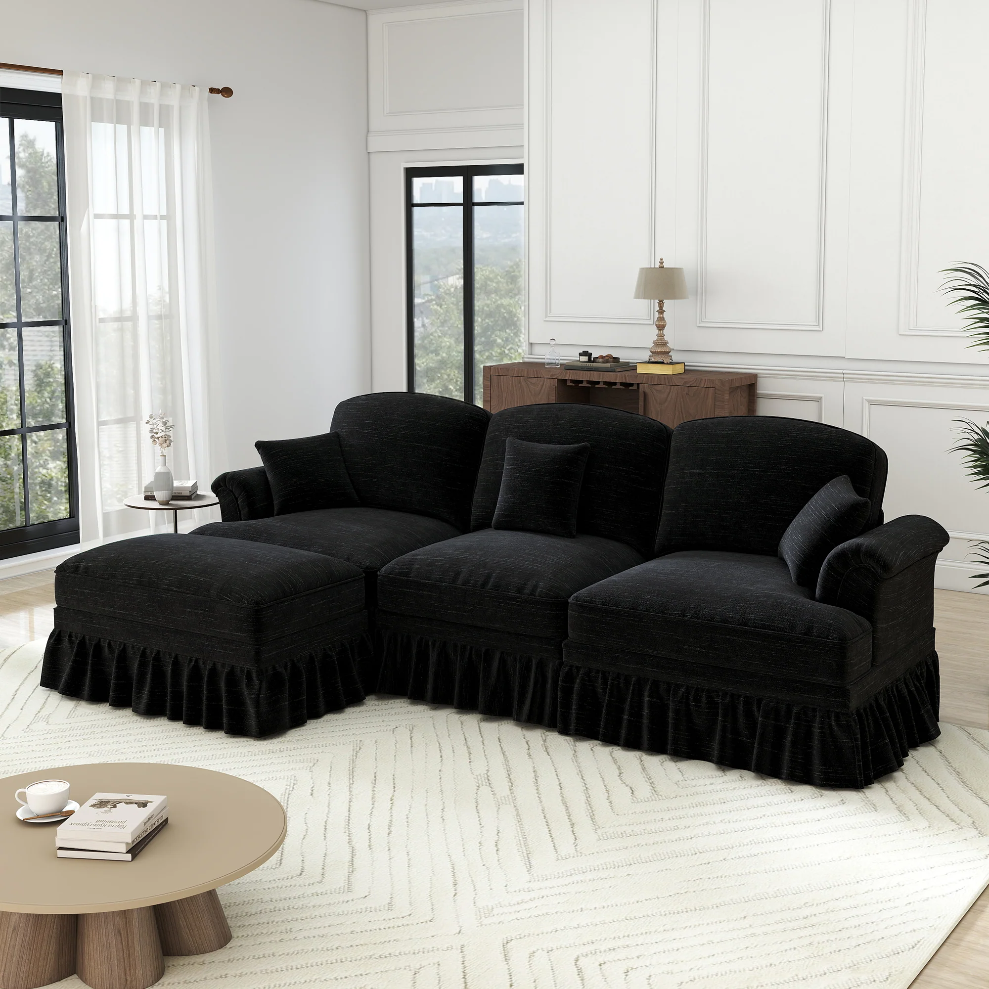 Modular L-Shaped Sofa 3-Seater Mid-Century Ottoman - Chenille Black - Image 2