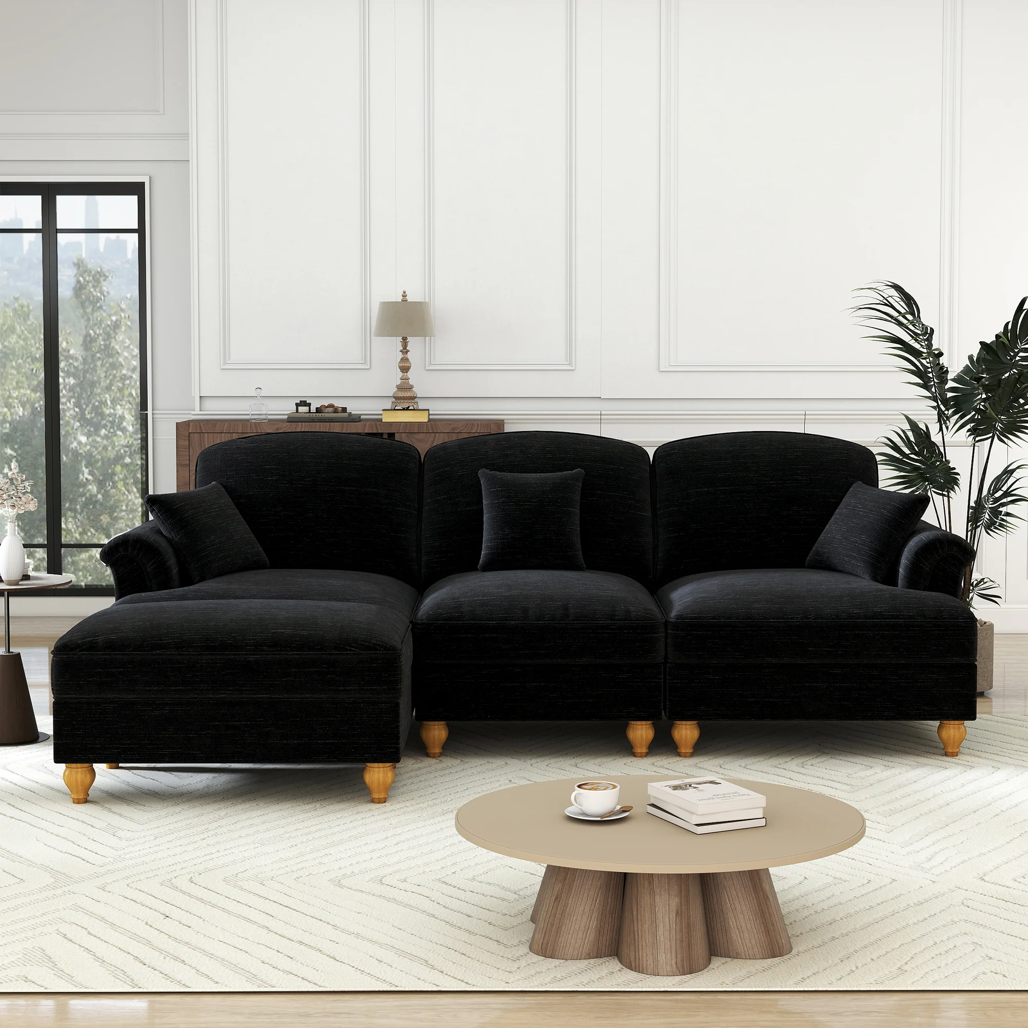 Modular L-Shaped Sofa 3-Seater Mid-Century Ottoman - Chenille Black - Image 3