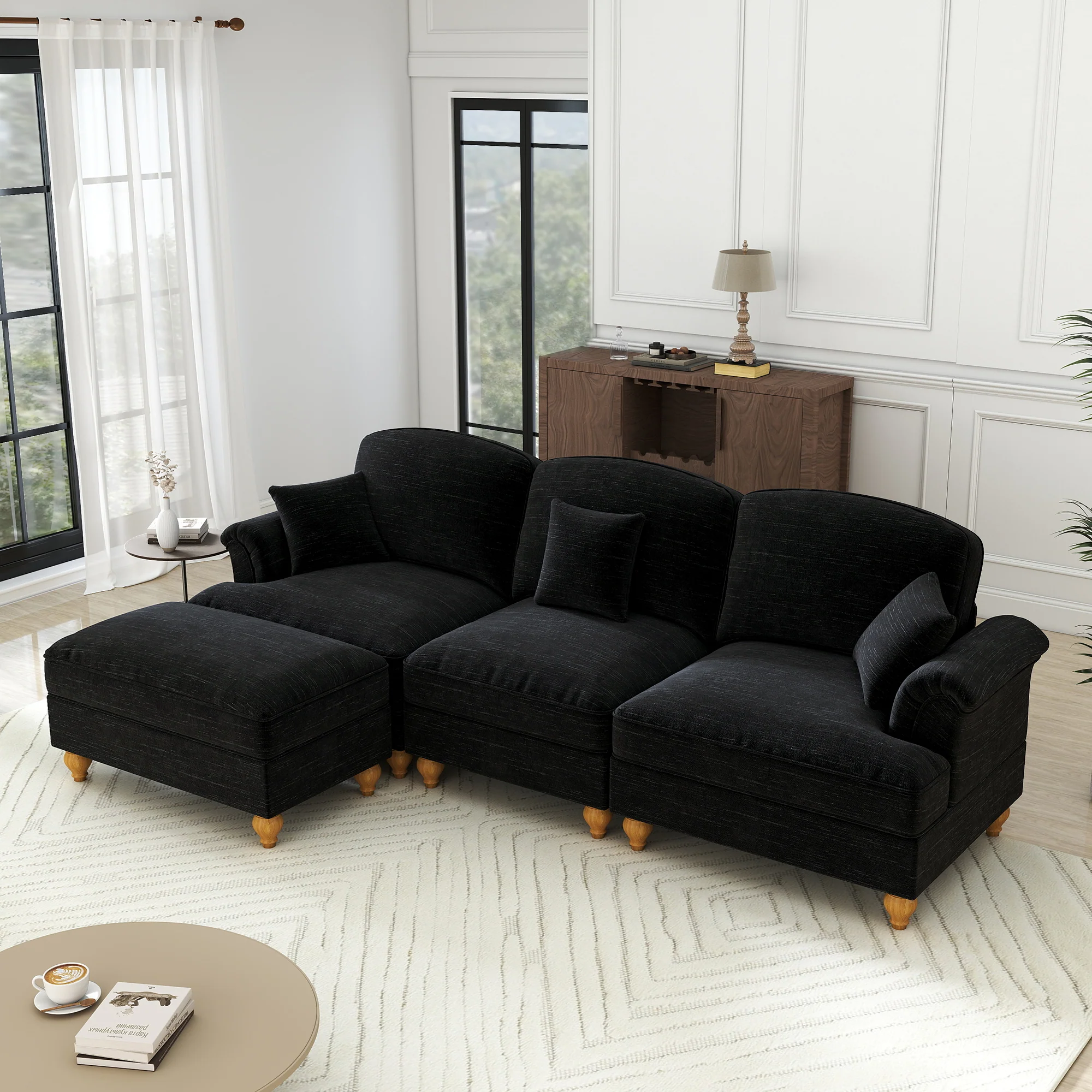 Modular L-Shaped Sofa 3-Seater Mid-Century Ottoman - Chenille Black - Image 5
