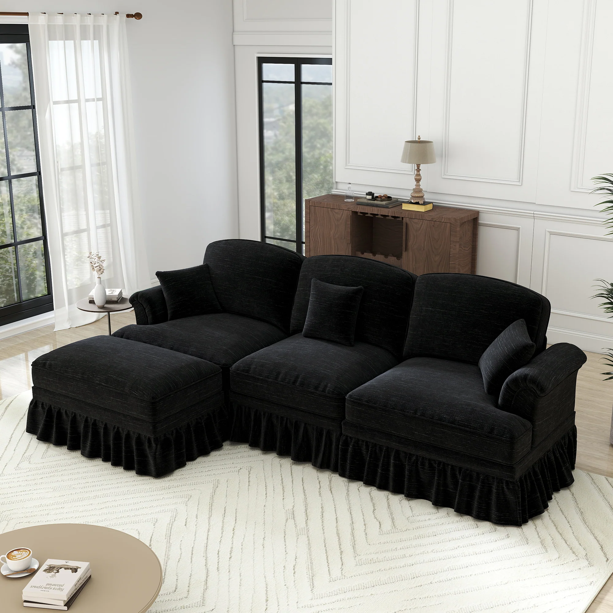 Modular L-Shaped Sofa 3-Seater Mid-Century Ottoman - Chenille Black - Image 6