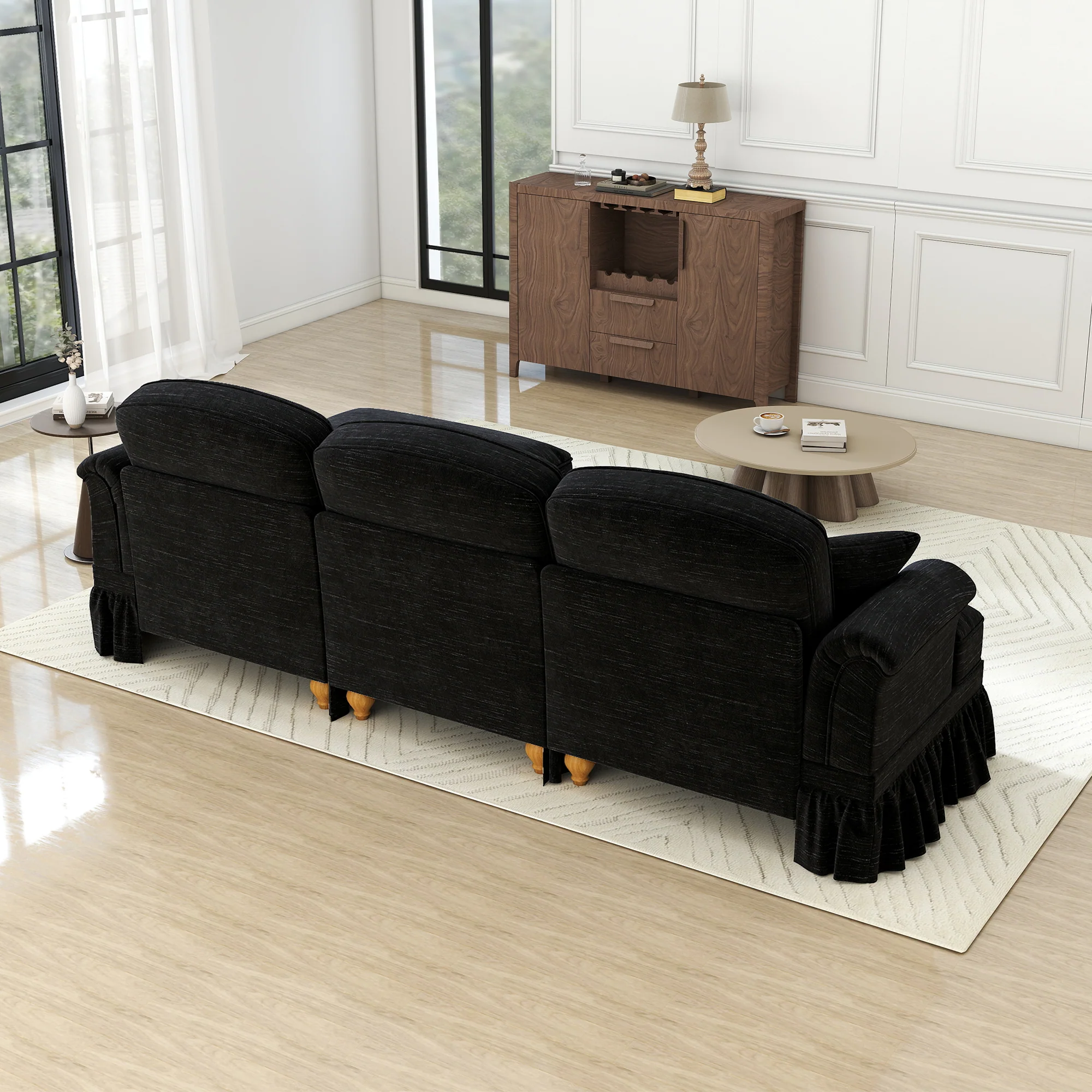 Modular L-Shaped Sofa 3-Seater Mid-Century Ottoman - Chenille Black - Image 7