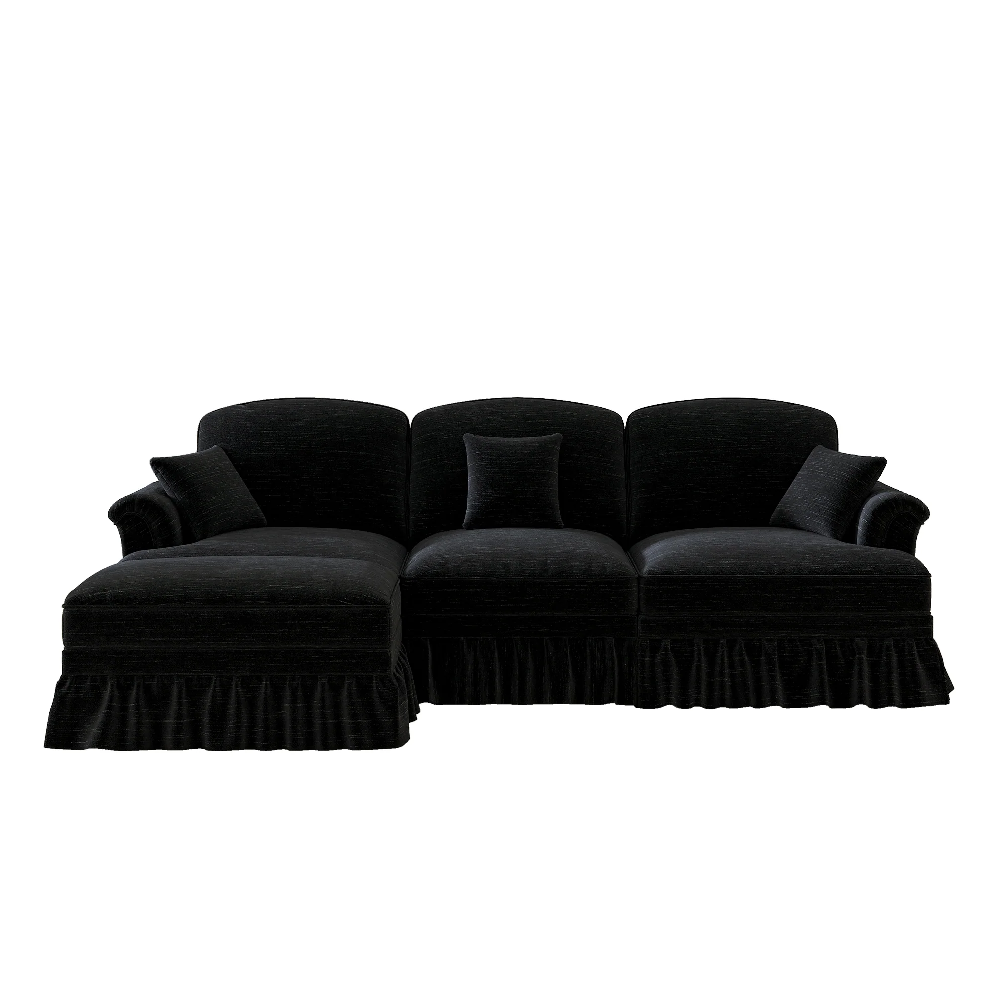 Modular L-Shaped Sofa 3-Seater Mid-Century Ottoman - Chenille Black - Image 9