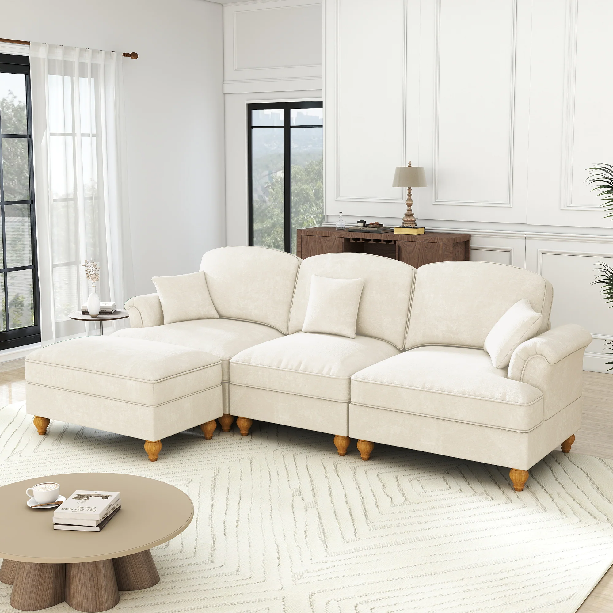 Modular L-Shaped Sofa 3-Seater Mid-Century Ottoman - White Chenille
