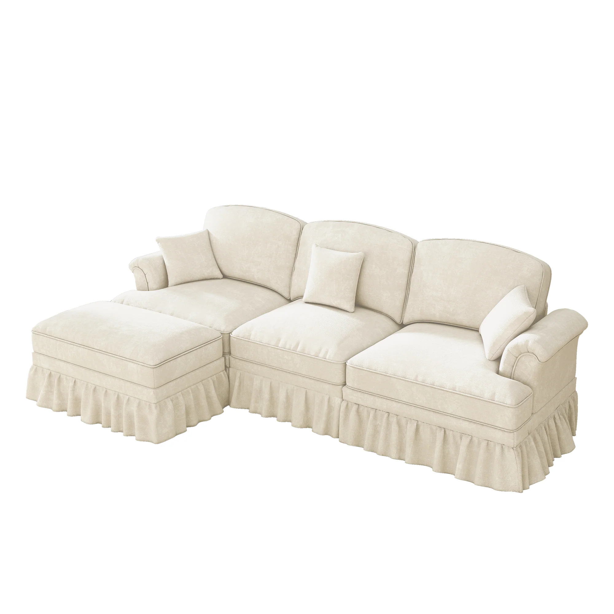 Modular L-Shaped Sofa 3-Seater Mid-Century Ottoman - White Chenille - Image 10