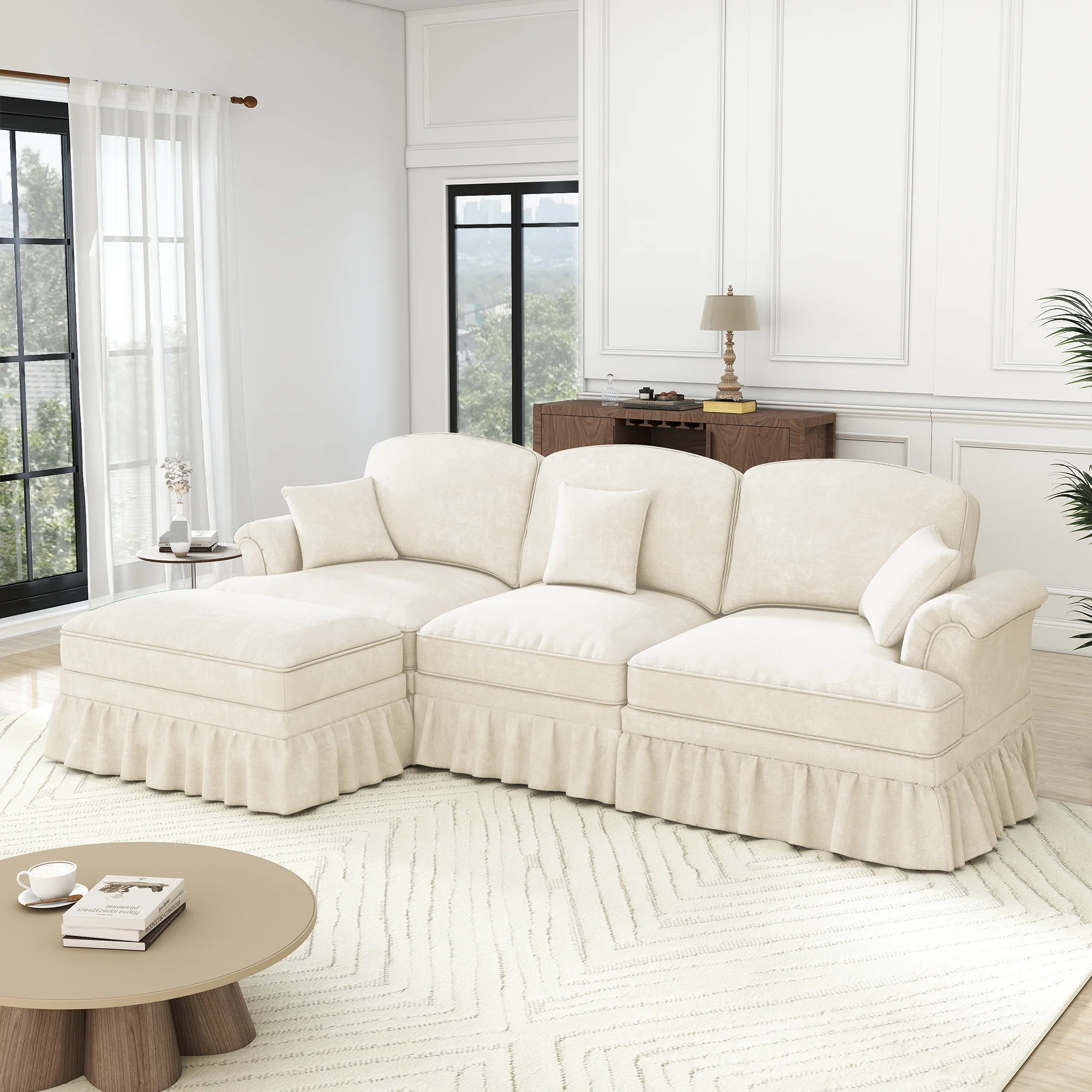 Modular L-Shaped Sofa 3-Seater Mid-Century Ottoman - White Chenille - Image 2
