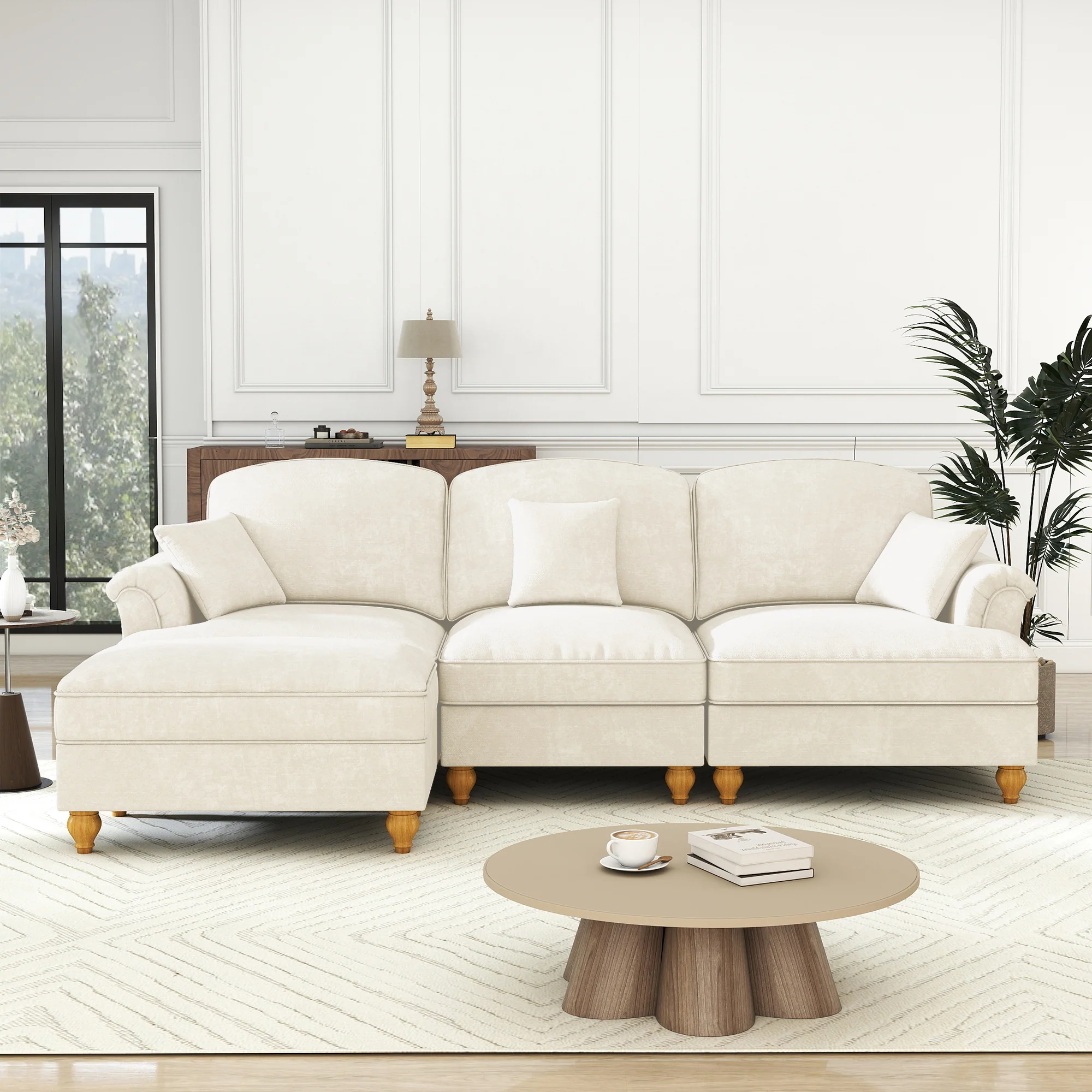 Modular L-Shaped Sofa 3-Seater Mid-Century Ottoman - White Chenille - Image 3
