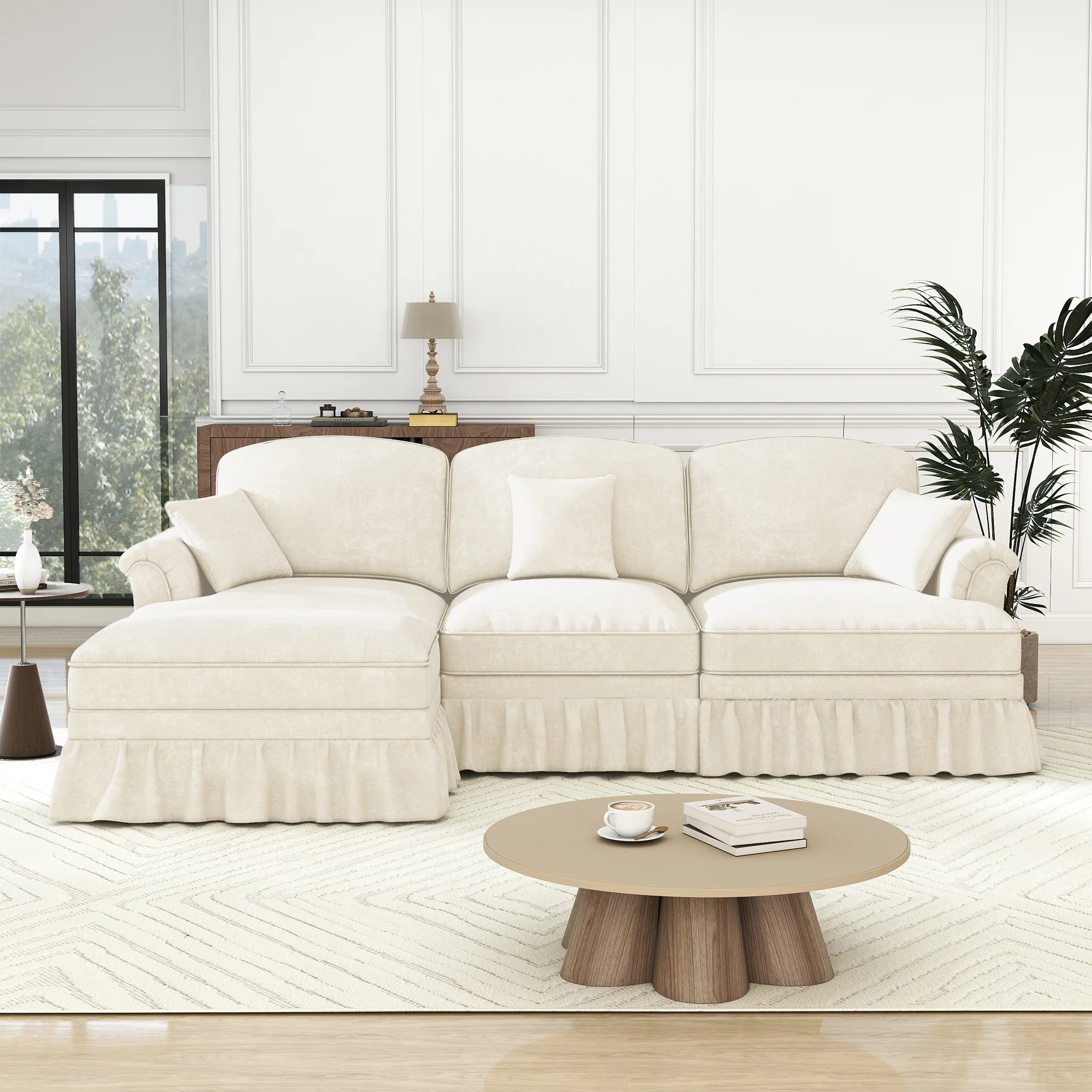 Modular L-Shaped Sofa 3-Seater Mid-Century Ottoman - White Chenille - Image 4