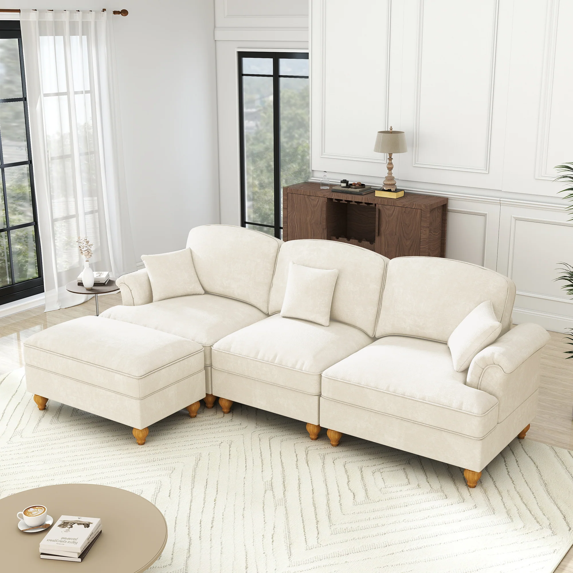 Modular L-Shaped Sofa 3-Seater Mid-Century Ottoman - White Chenille - Image 5