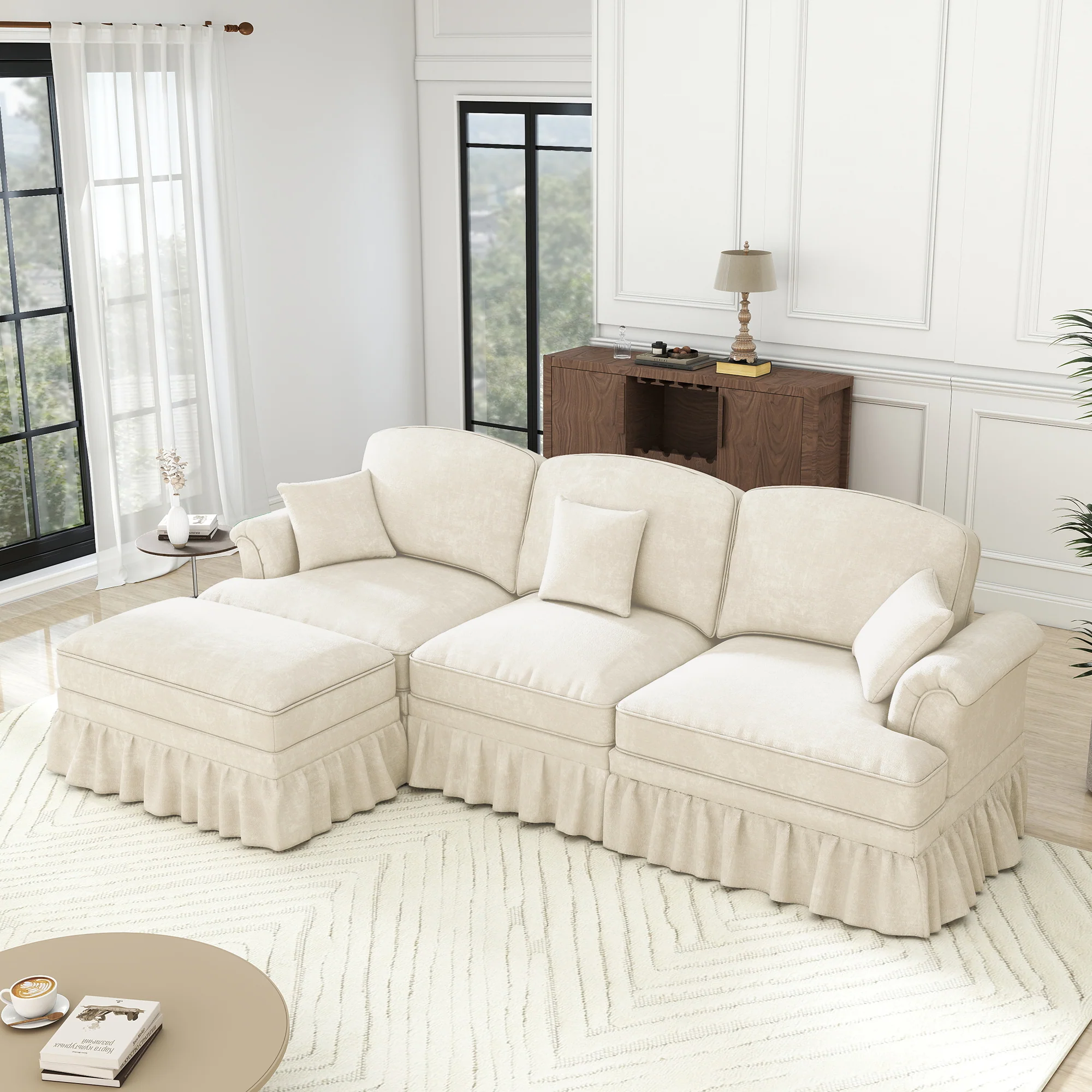 Modular L-Shaped Sofa 3-Seater Mid-Century Ottoman - White Chenille - Image 6