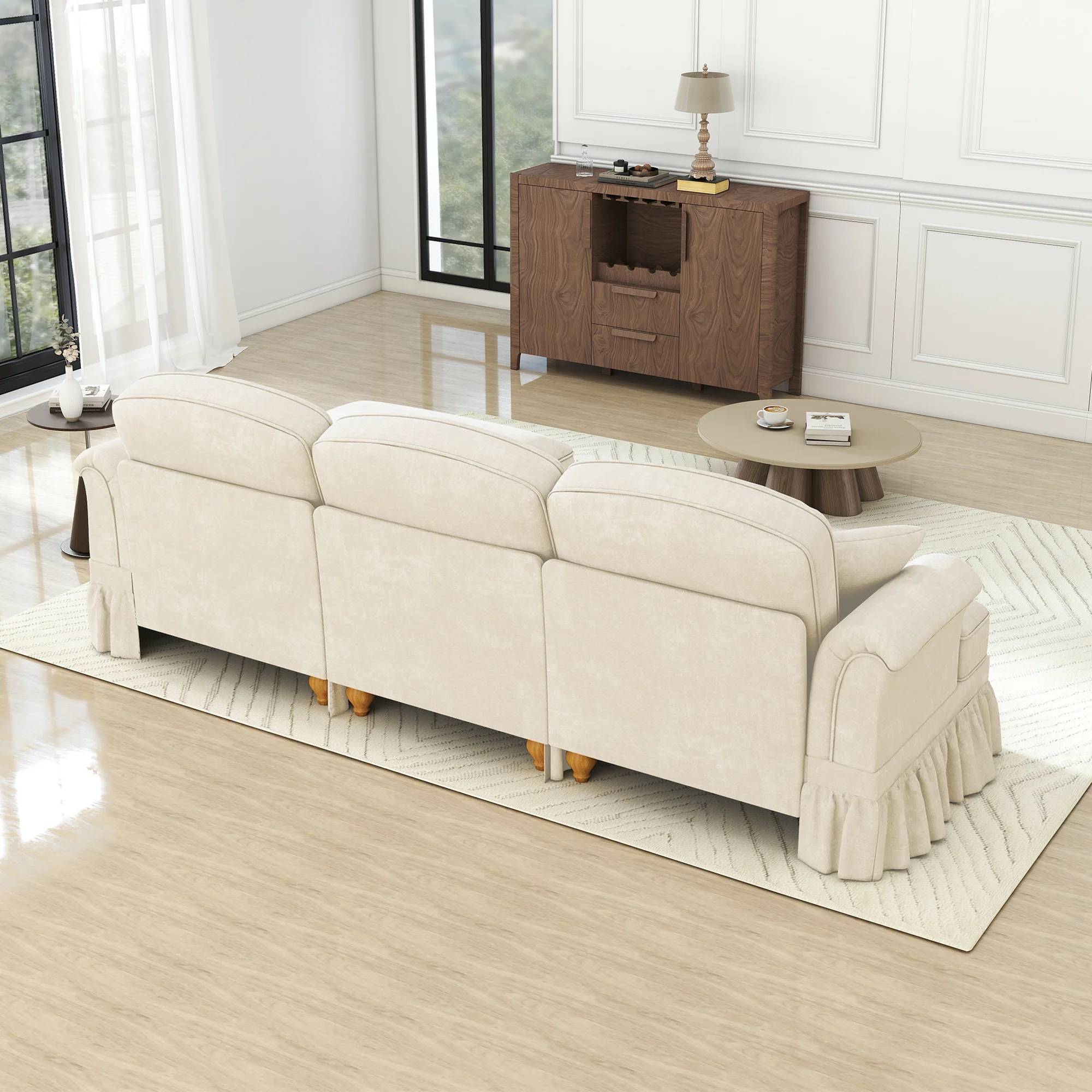 Modular L-Shaped Sofa 3-Seater Mid-Century Ottoman - White Chenille - Image 7