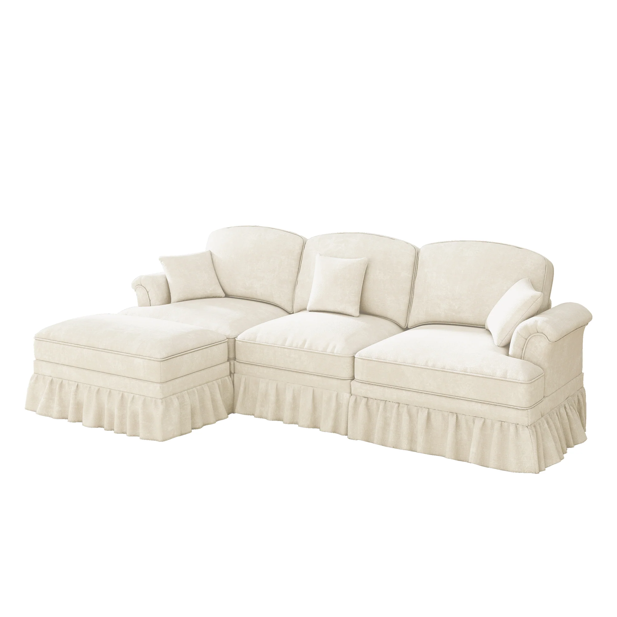 Modular L-Shaped Sofa 3-Seater Mid-Century Ottoman - White Chenille - Image 9